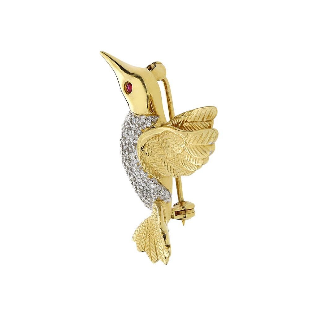 Hummingbird Diamond & Ruby 14K Pin In Excellent Condition For Sale In Fuquay Varina, NC