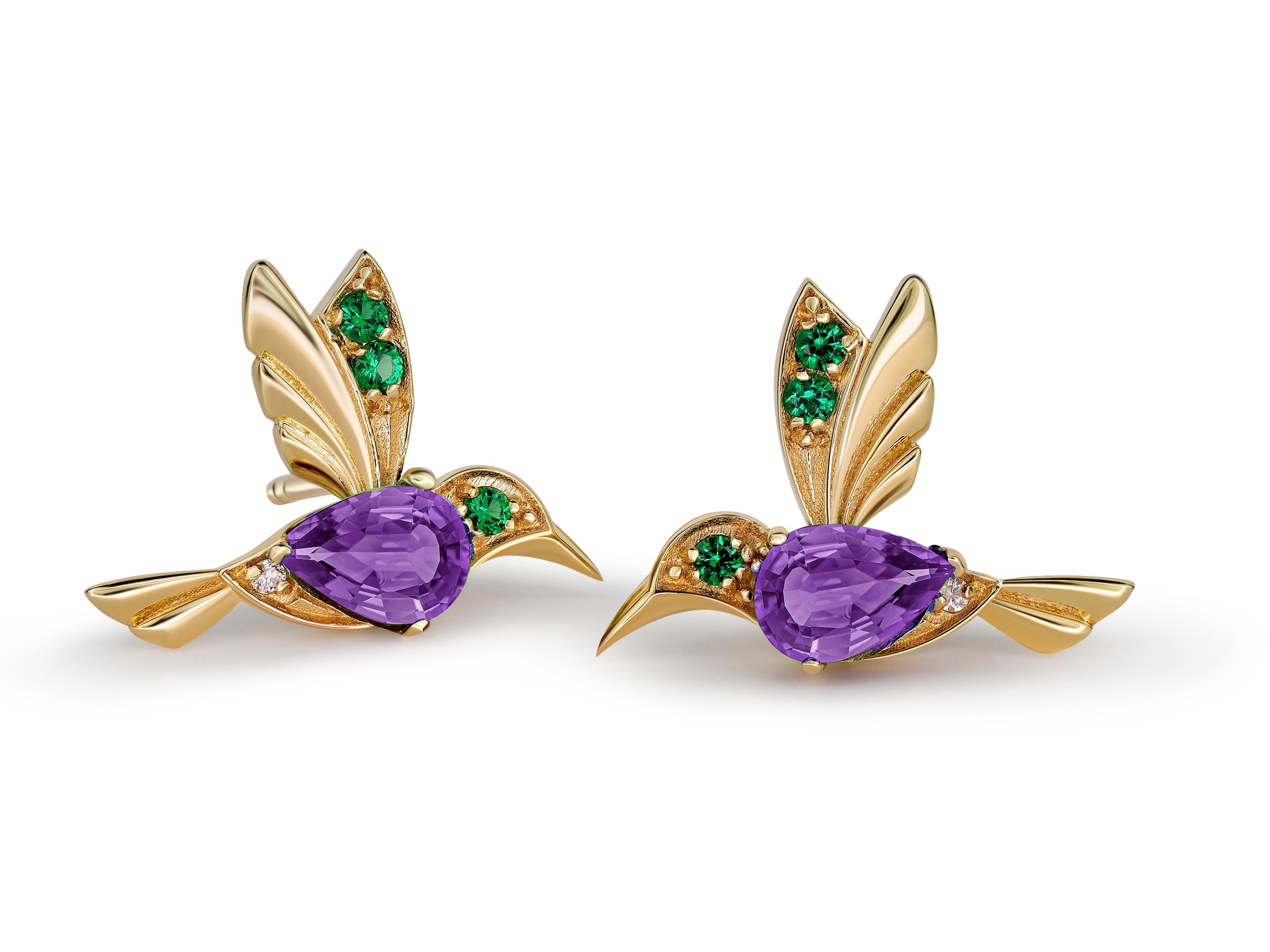 Taglio a goccia Orecchini con colibrì e ametiste in oro 14k in vendita