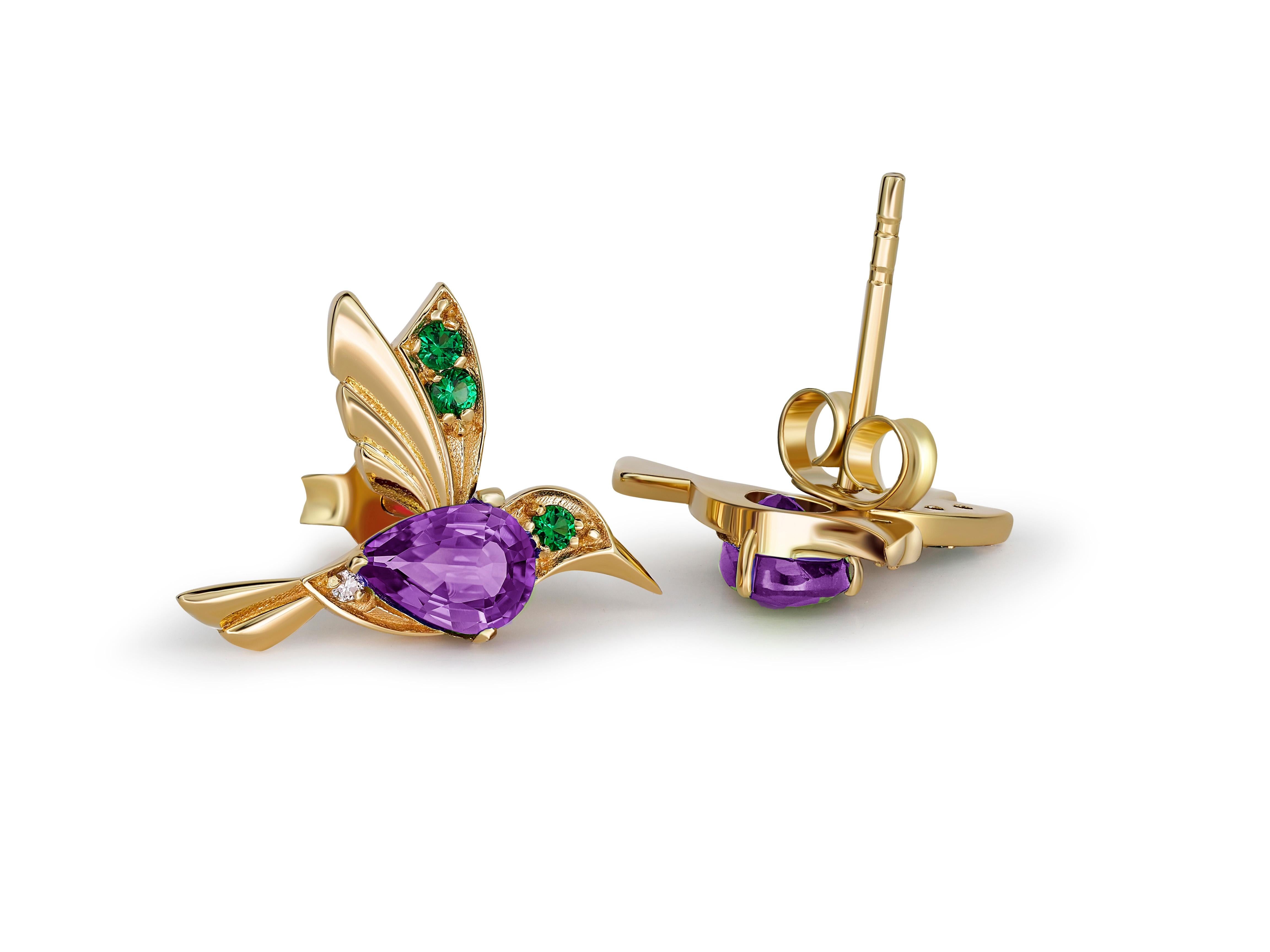Orecchini con colibrì e ametiste in oro 14k In condizioni Nuovo in vendita a Istanbul, TR