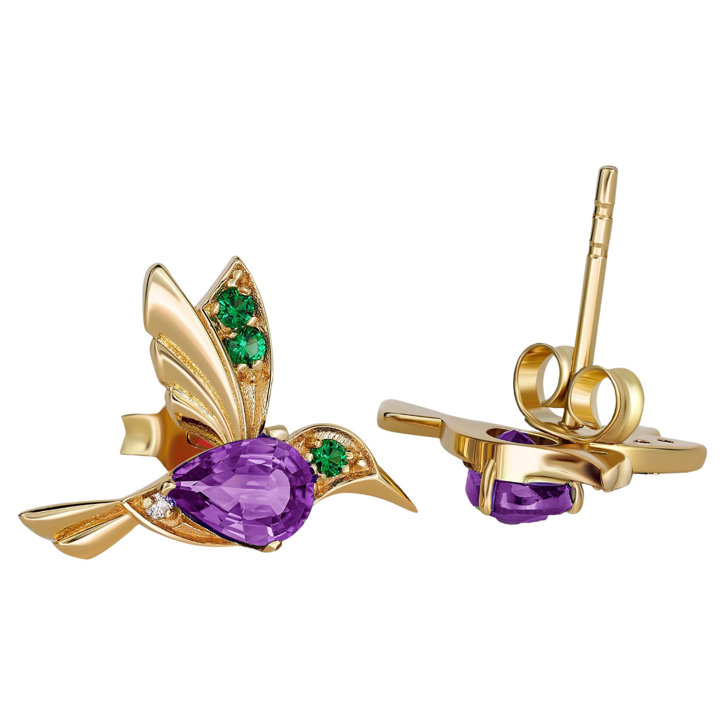 Orecchini con colibrì e ametiste in oro 14k
