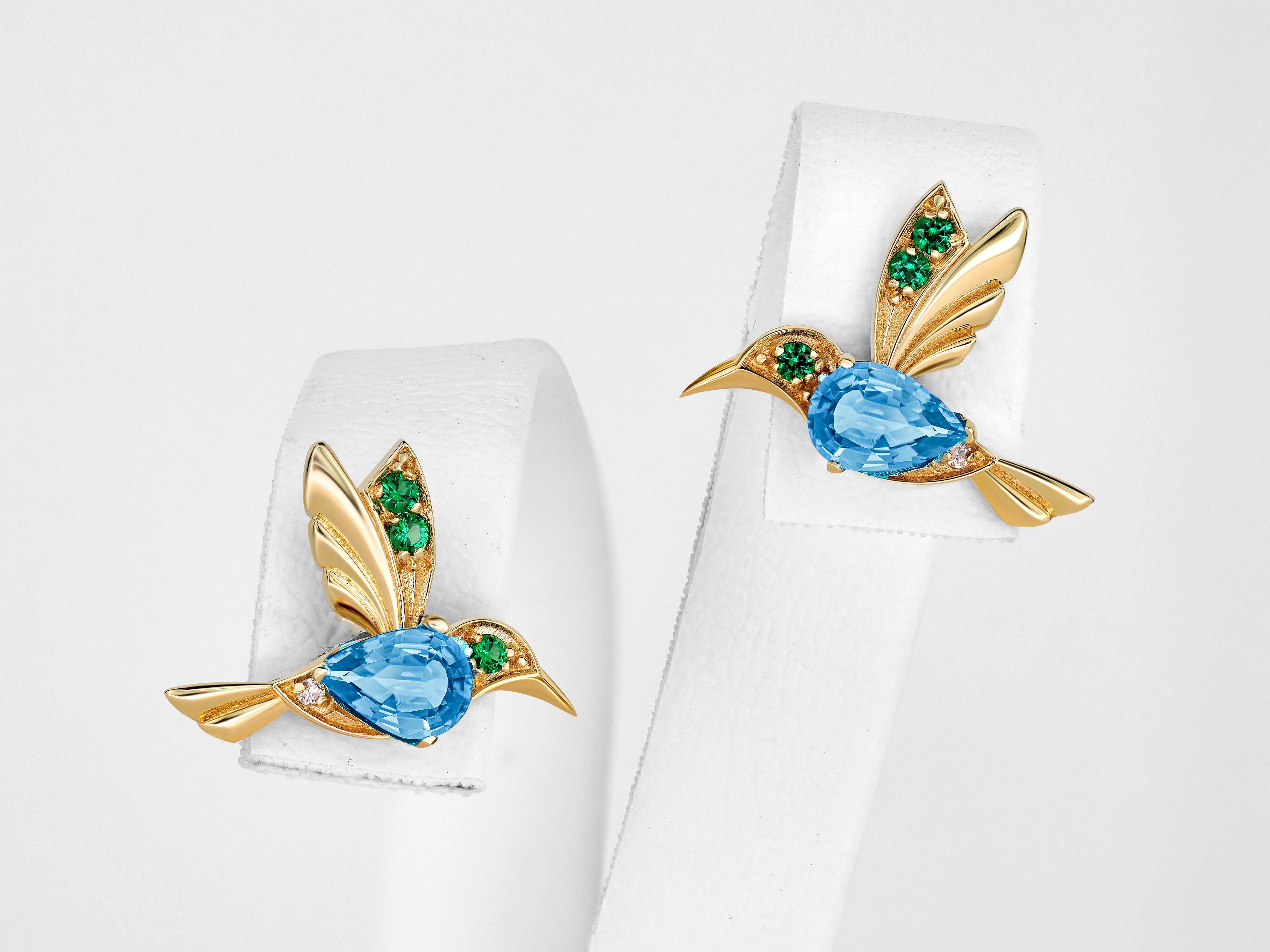 Moderno Orecchini con colibrì e topazi blu in vendita