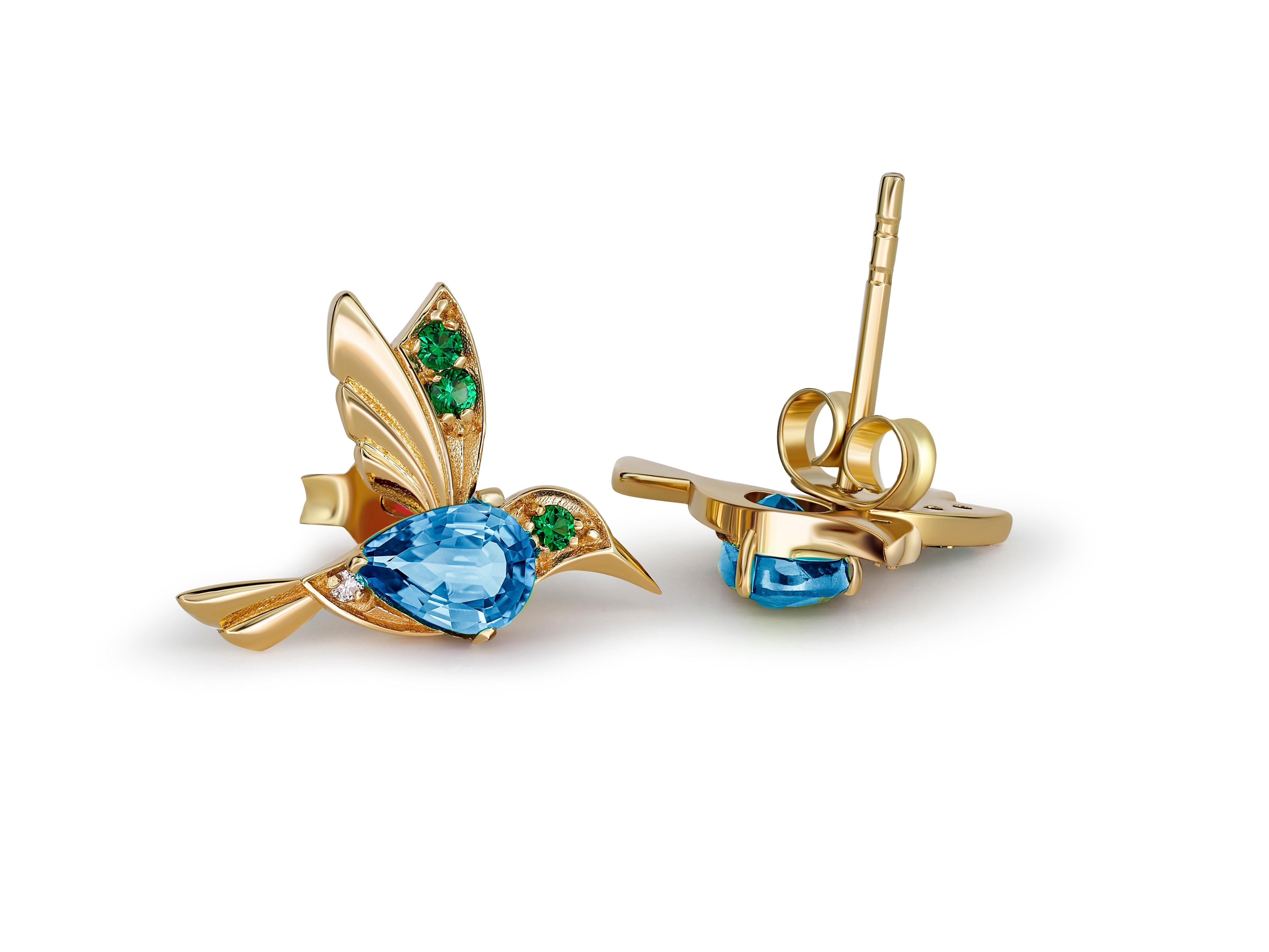 Orecchini con colibrì e topazi blu in oro 14k In condizioni Nuovo in vendita a Istanbul, TR