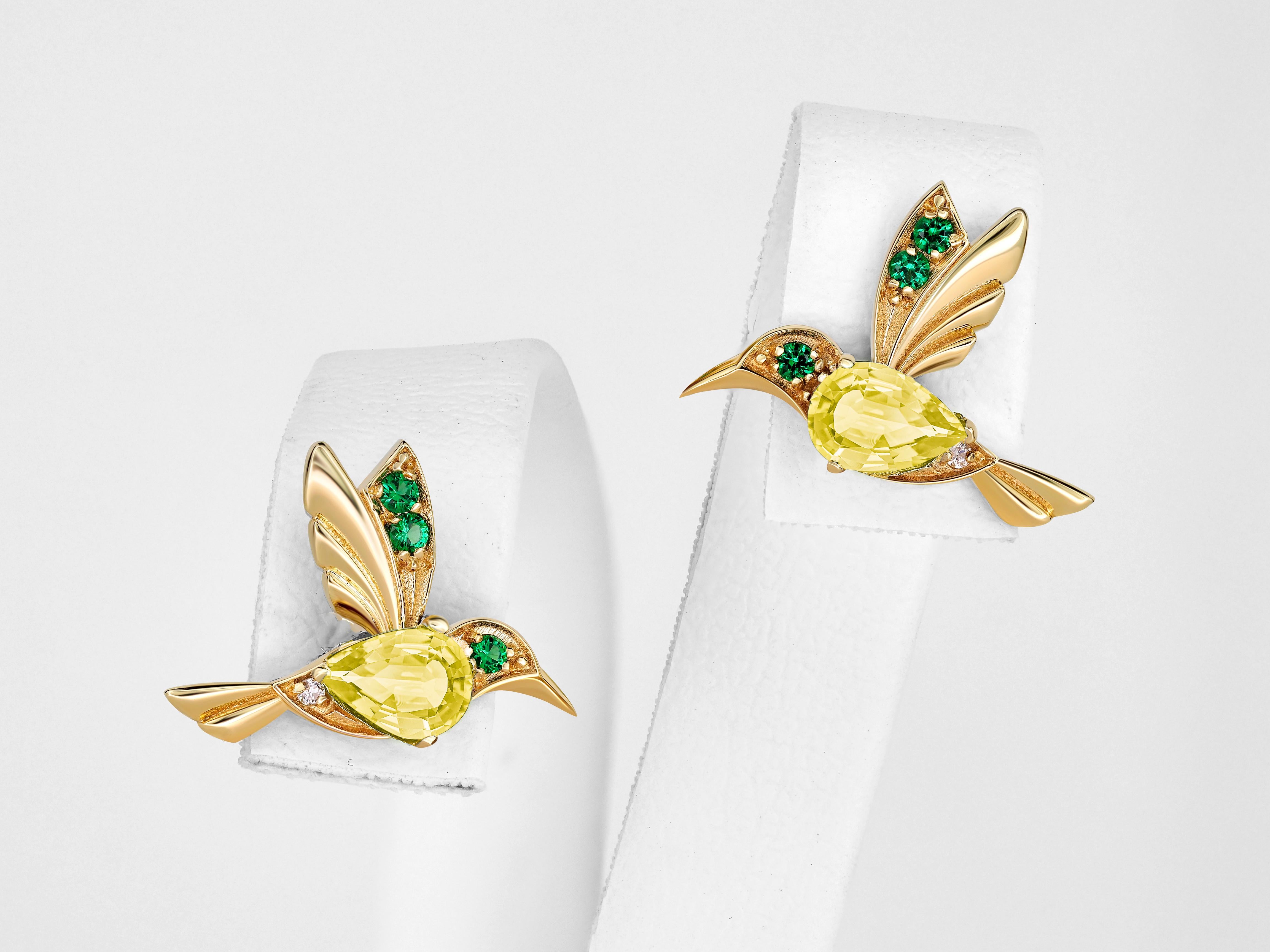 Moderno Orecchini con colibrì e citrini in oro 14k in vendita