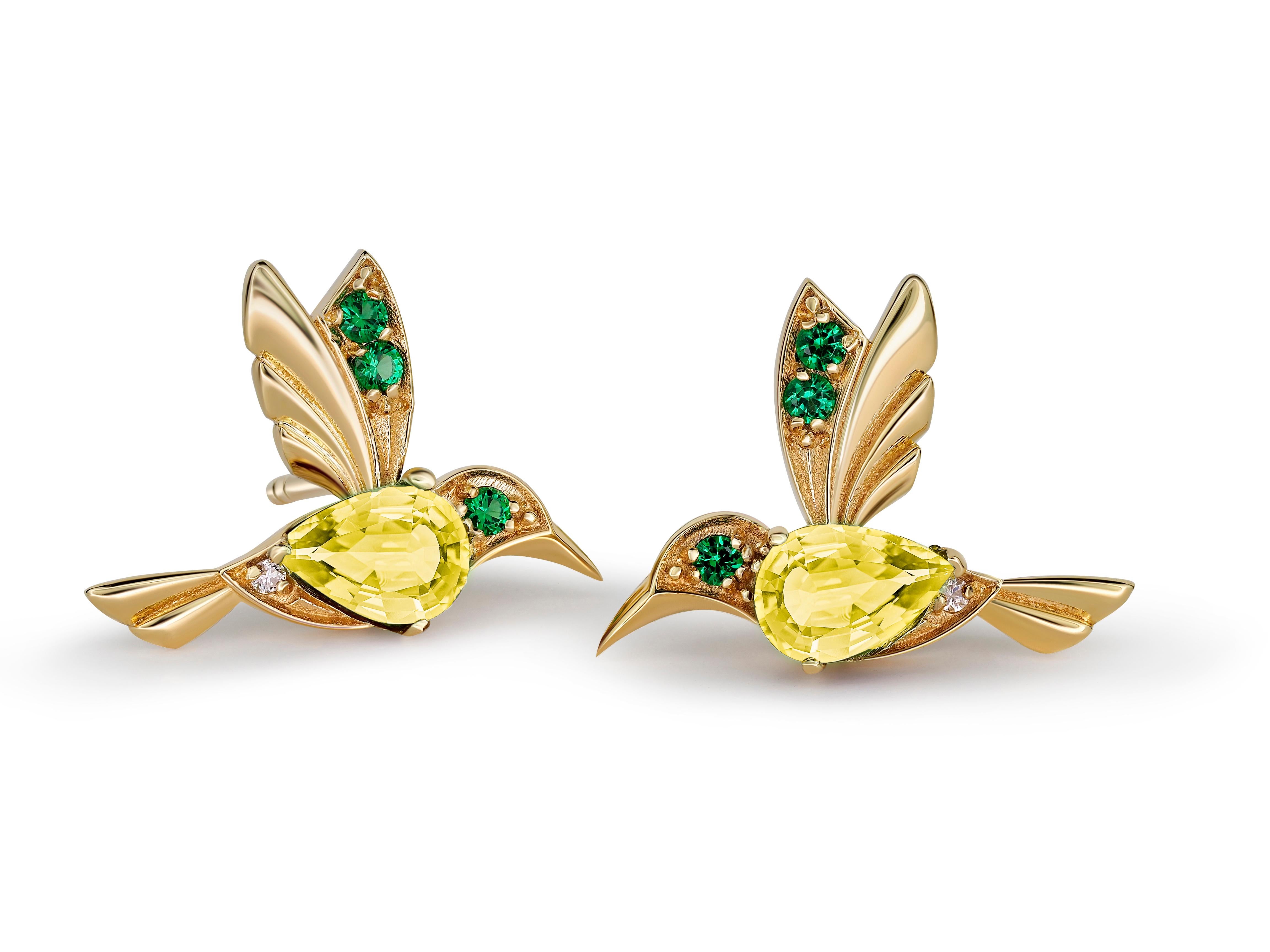Taglio a goccia Orecchini con colibrì e citrini in oro 14k in vendita