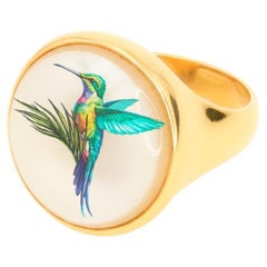 Hummingbird Painted Cameo Mother of pearl ring, Personalized Ring
