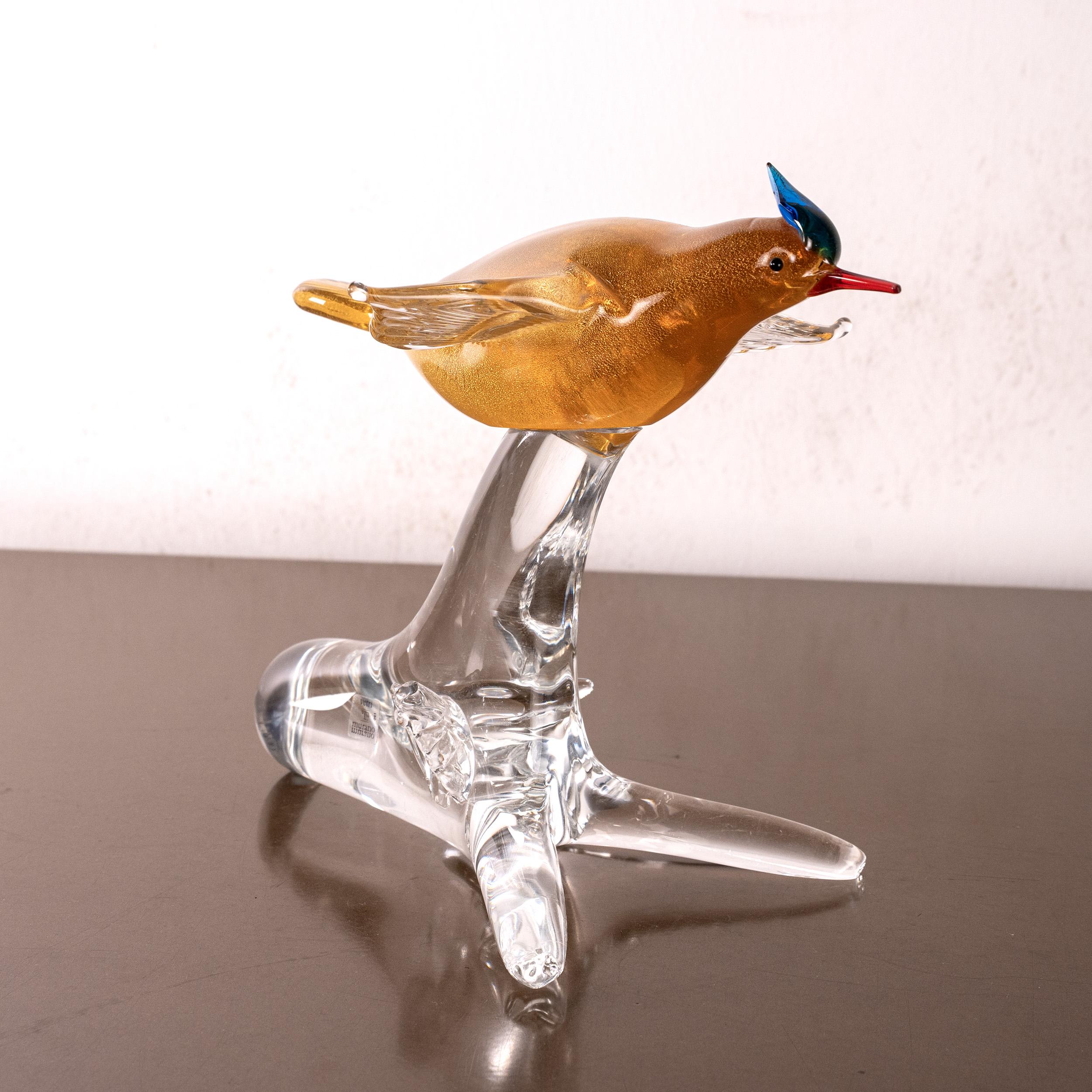 Hummingbird Sculpture in Amber Murano glass with Crystal base, Italy in stock For Sale 4