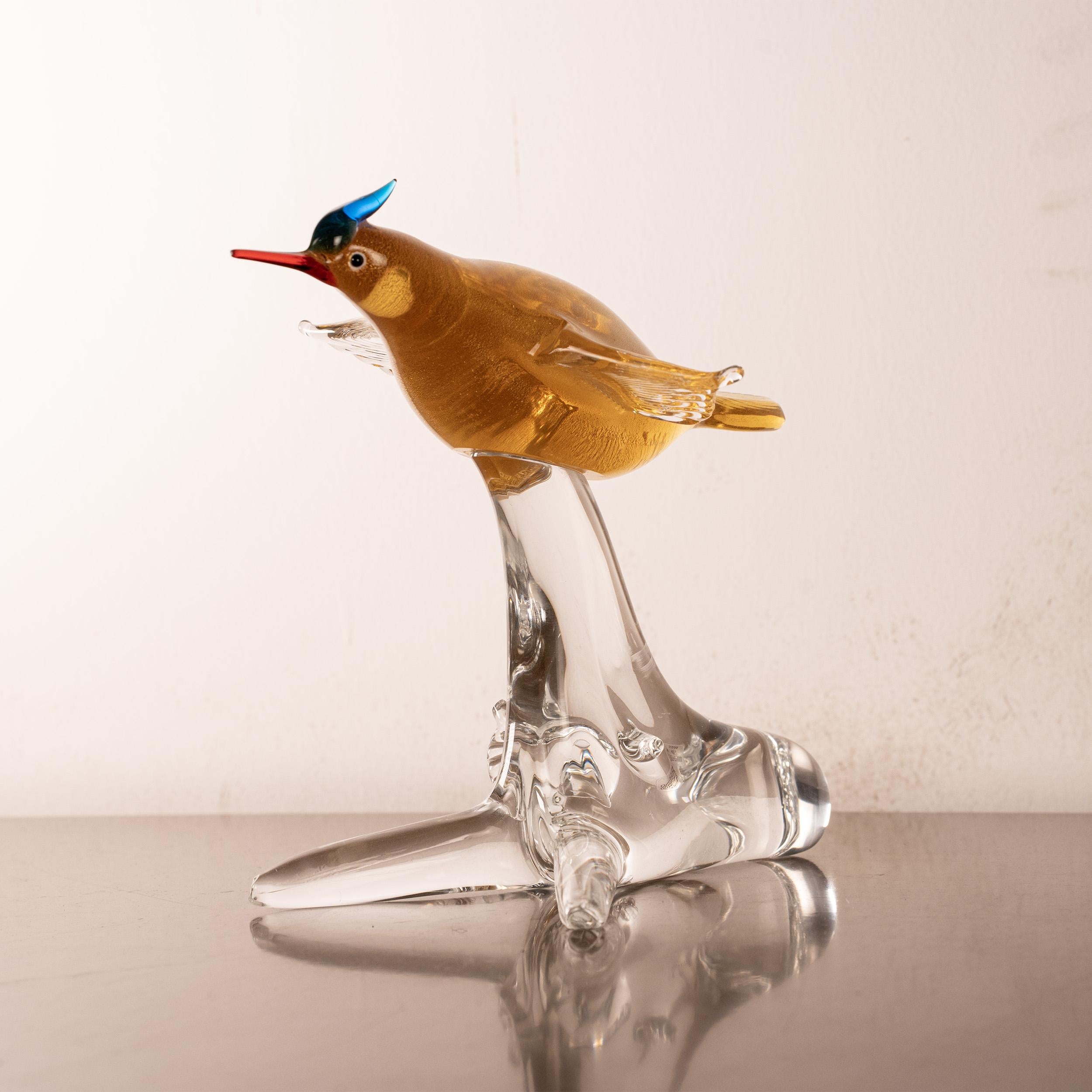 Italian Hummingbird Sculpture in Amber Murano glass with Crystal base, Italy in stock For Sale