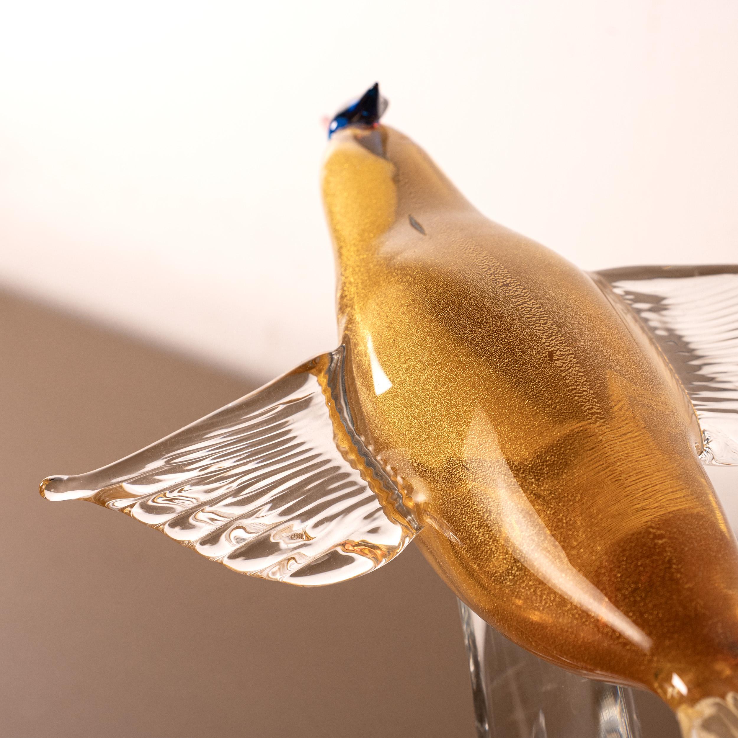 Hand-Crafted Hummingbird Sculpture in Amber Murano glass with Crystal base, Italy in stock For Sale
