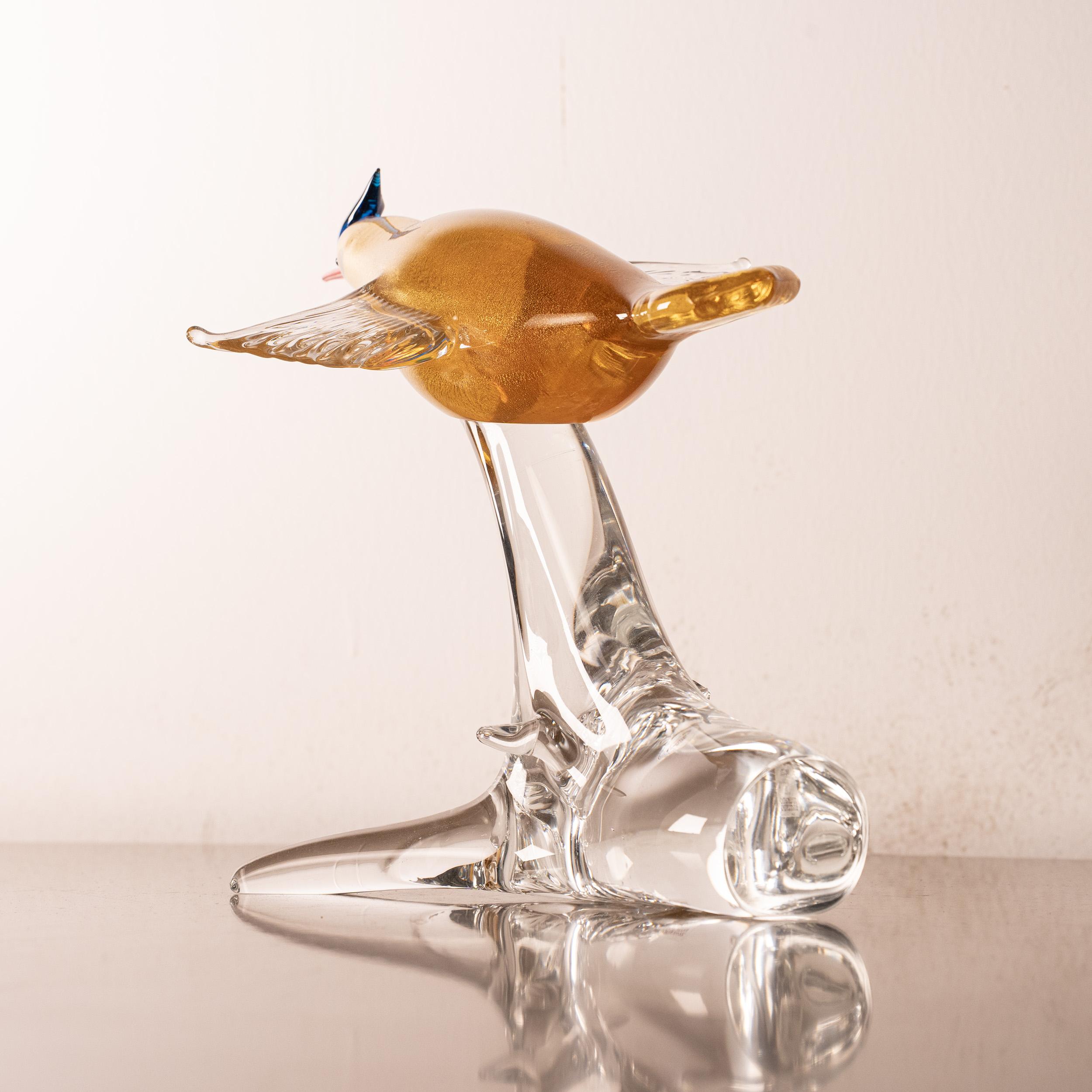 20th Century Hummingbird Sculpture in Amber Murano glass with Crystal base, Italy in stock For Sale
