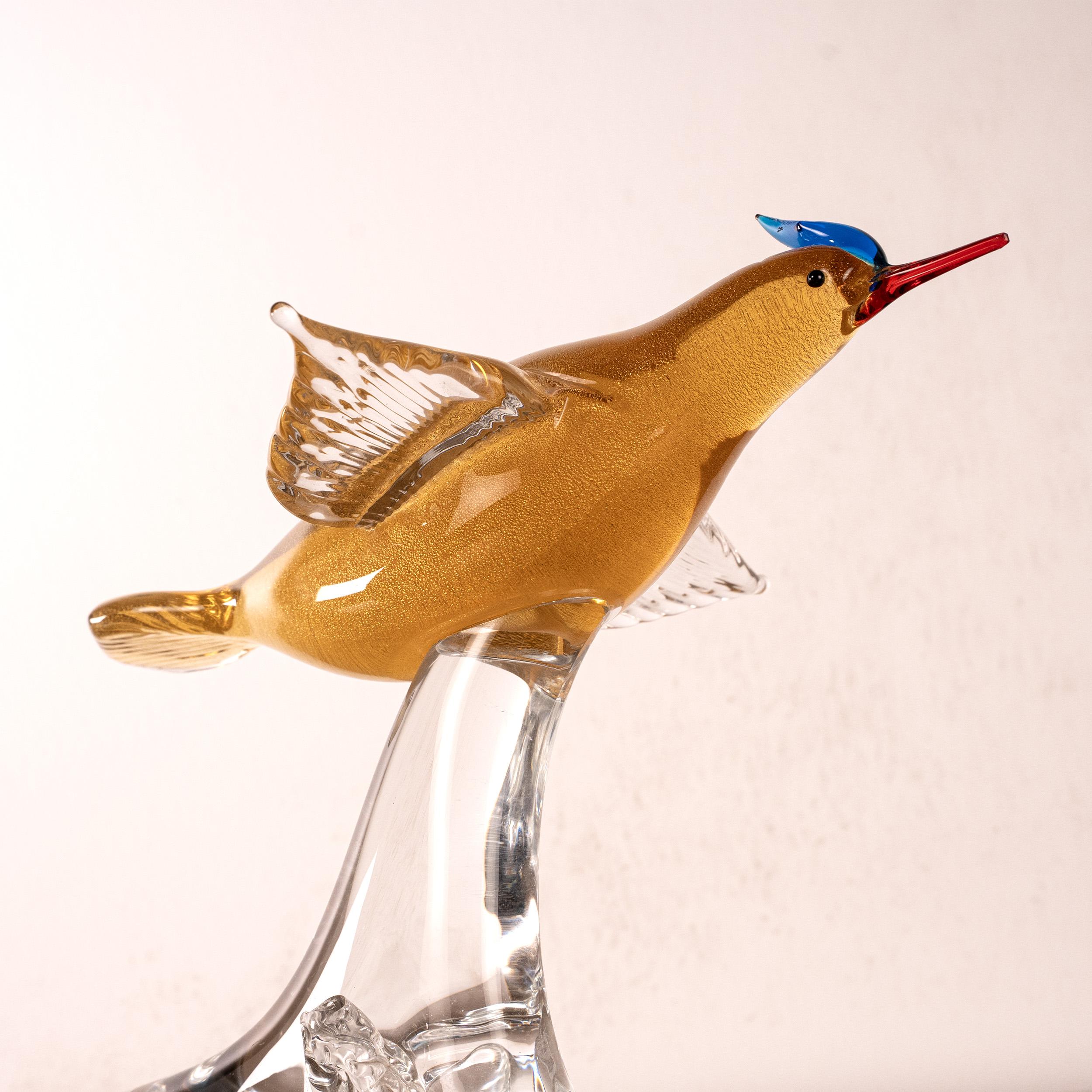 Hummingbird Sculpture in Amber Murano glass with Crystal base, Italy in stock For Sale 1