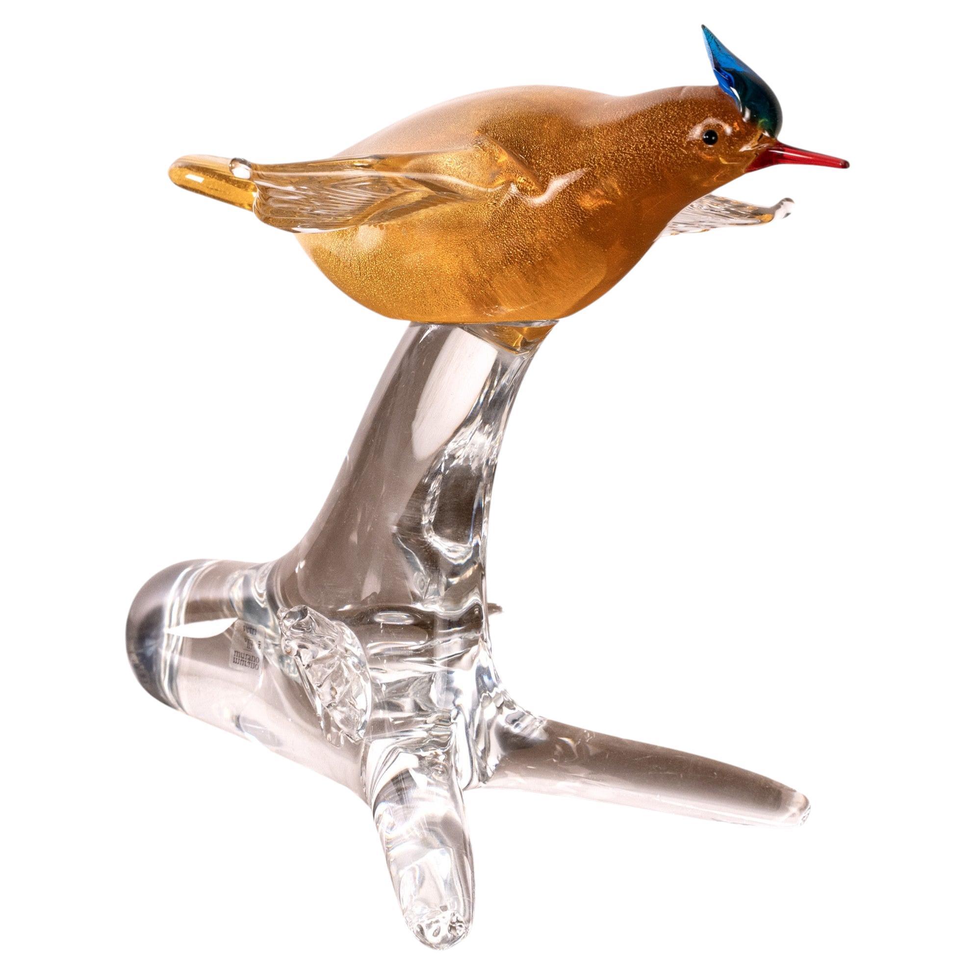 Hummingbird Sculpture in Amber Murano glass with Crystal base, Italy in stock For Sale