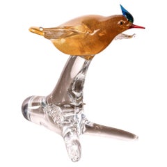 Hummingbird Sculpture in Amber Murano glass with Crystal base, Italy in stock