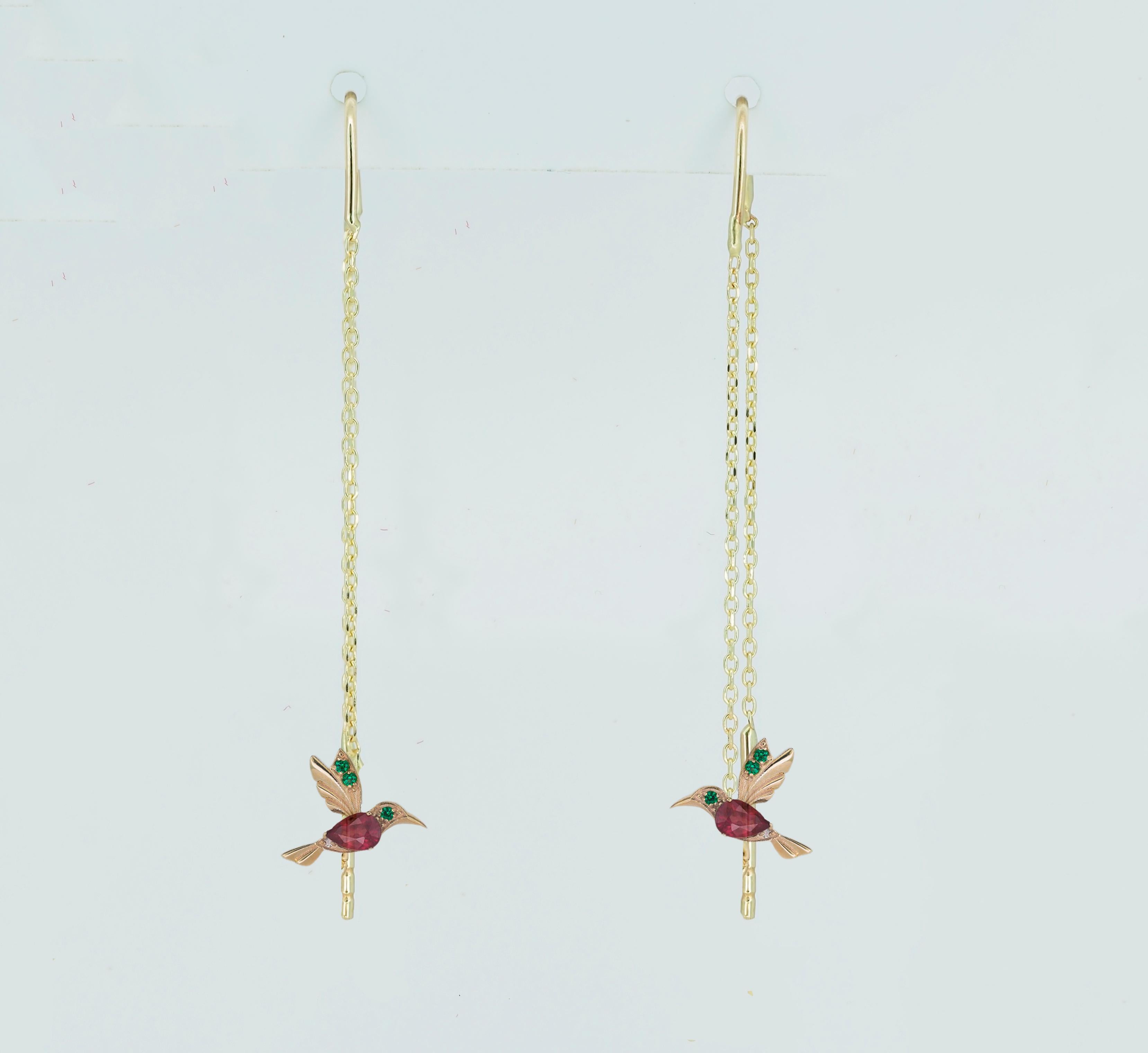 Women's Hummingbird Threader Earrings  with Rubies in 14k Gold