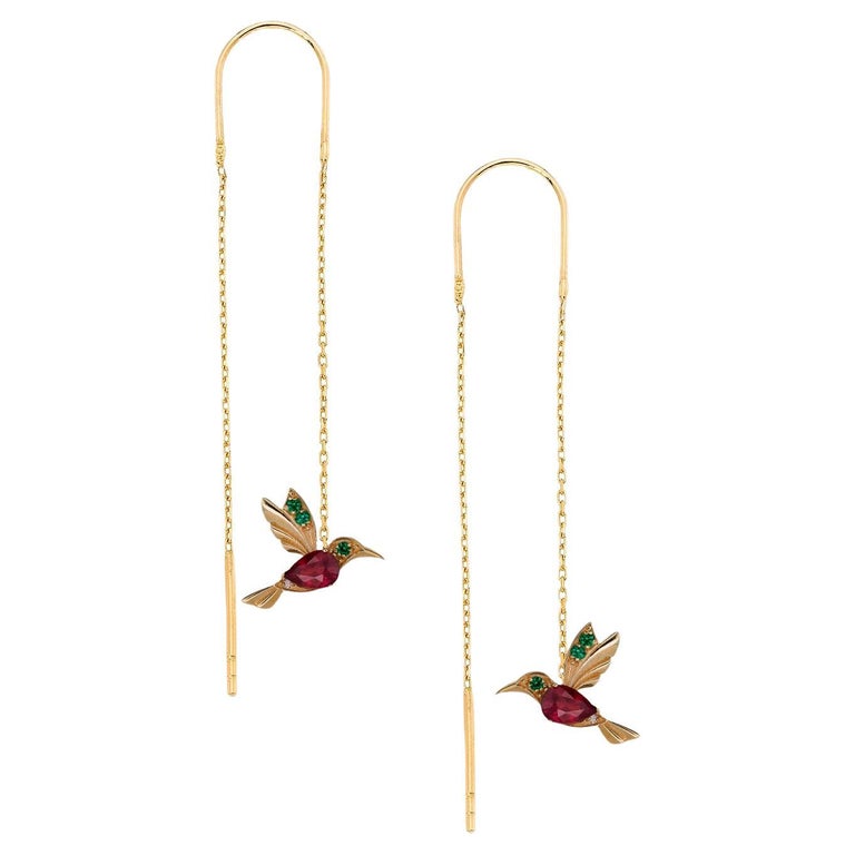 Hummingbird Threader Earrings with Rubies in 14k Gold For Sale at 1stDibs