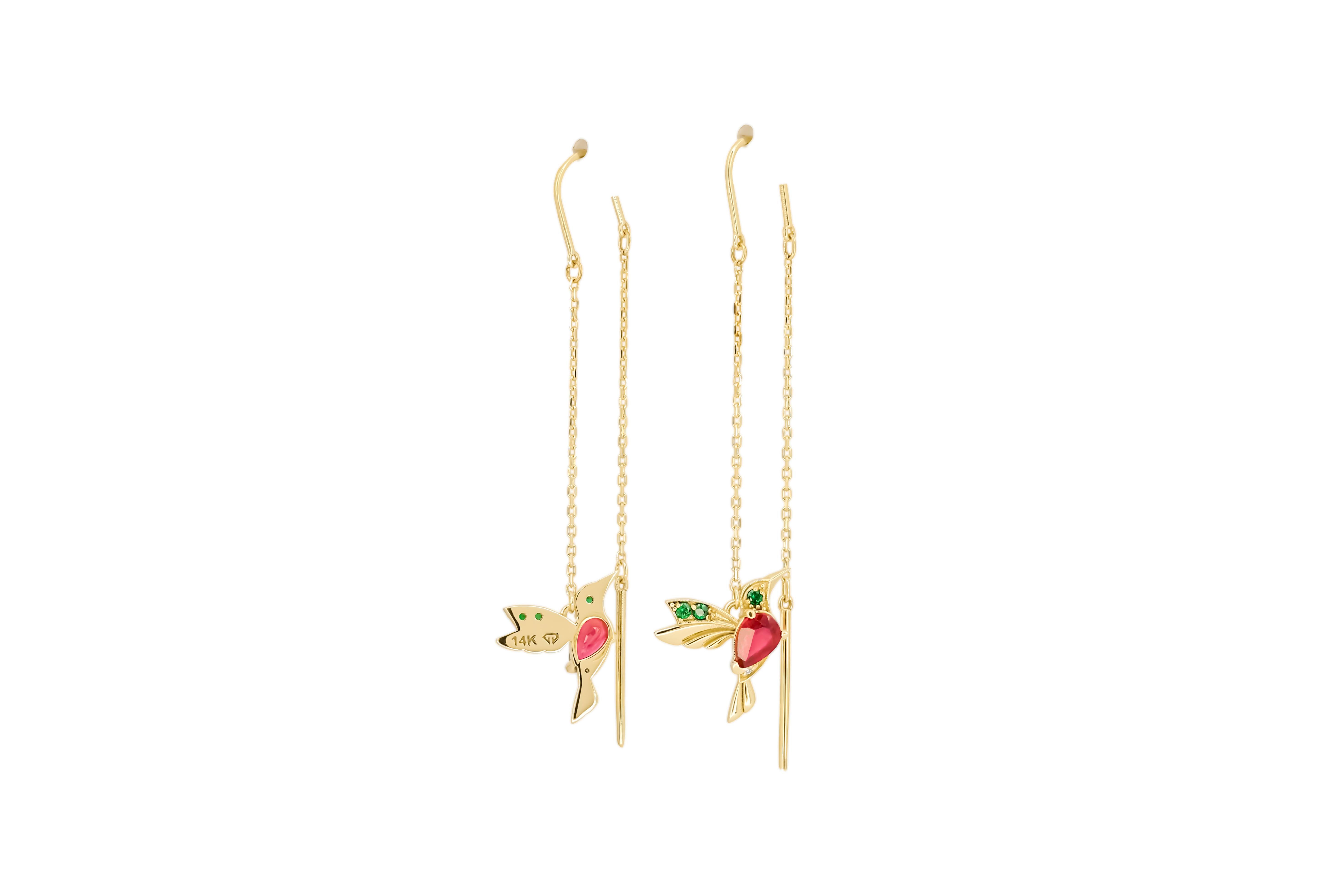 Hummingbird Threader-Ohrringe mit Rubinen aus 14k Gold! (Moderne) im Angebot