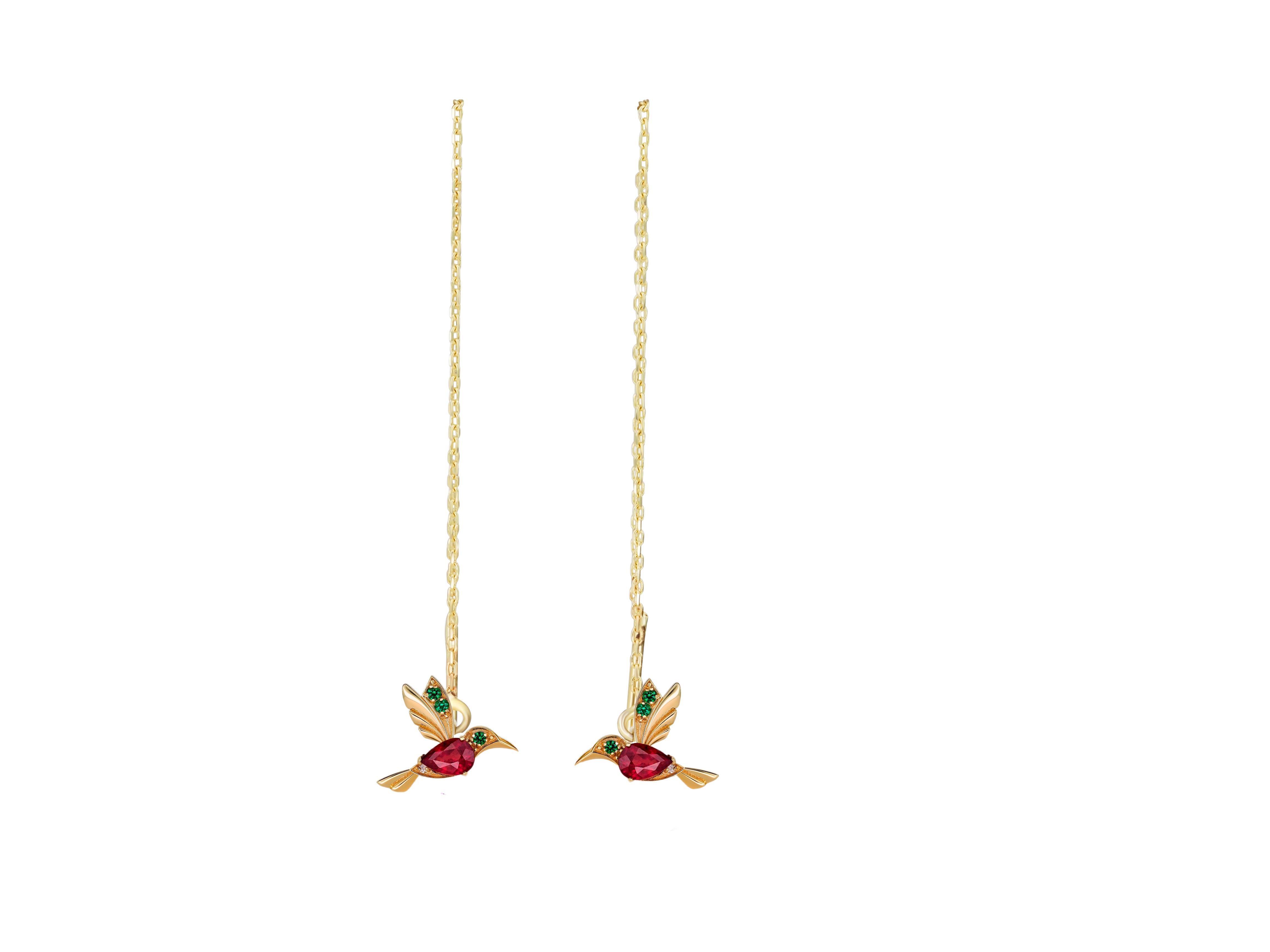 Modern Hummingbird Threader earrings with rubies in 14k gold.  For Sale
