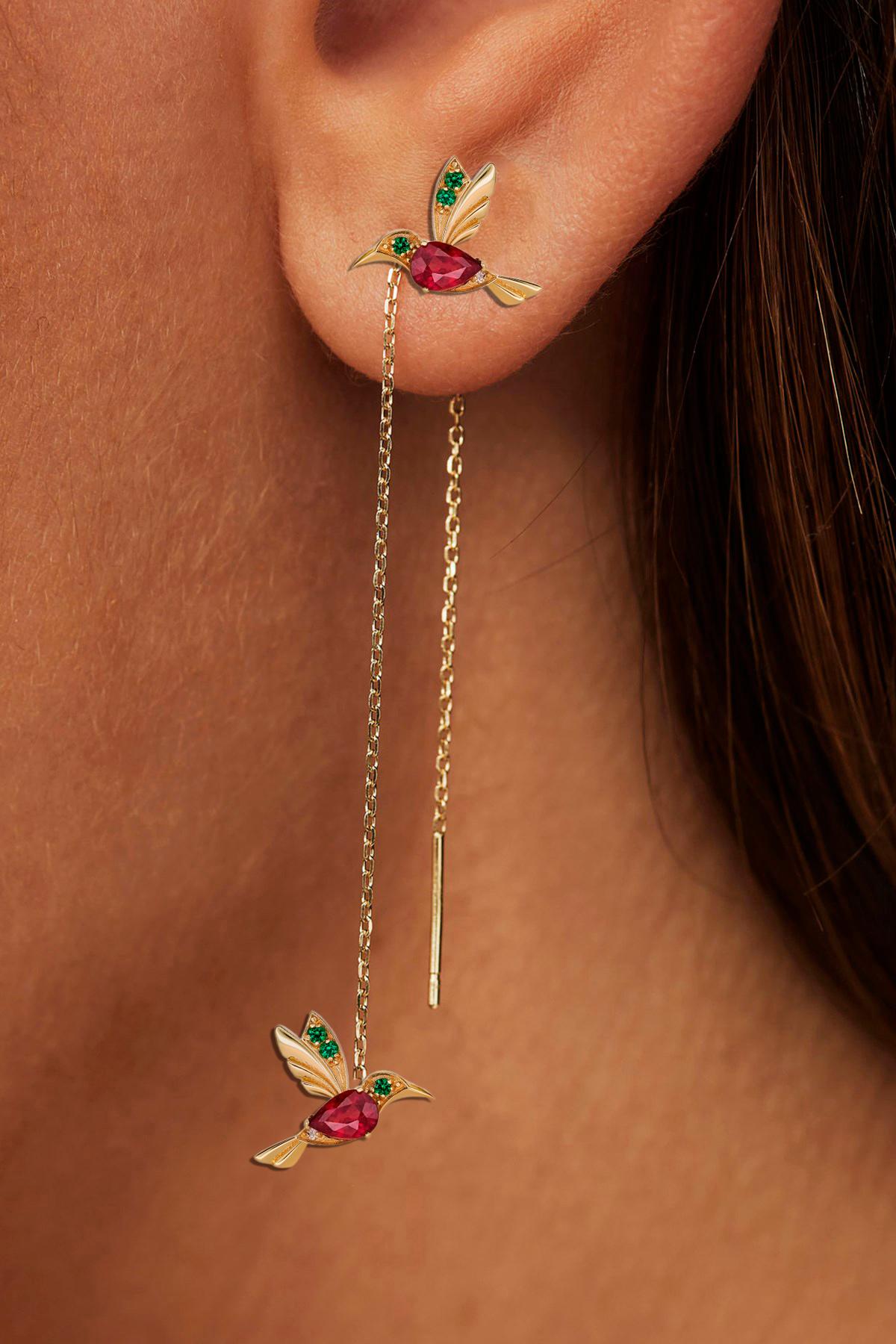 Pear Cut Hummingbird Threader earrings with rubies in 14k gold.  For Sale