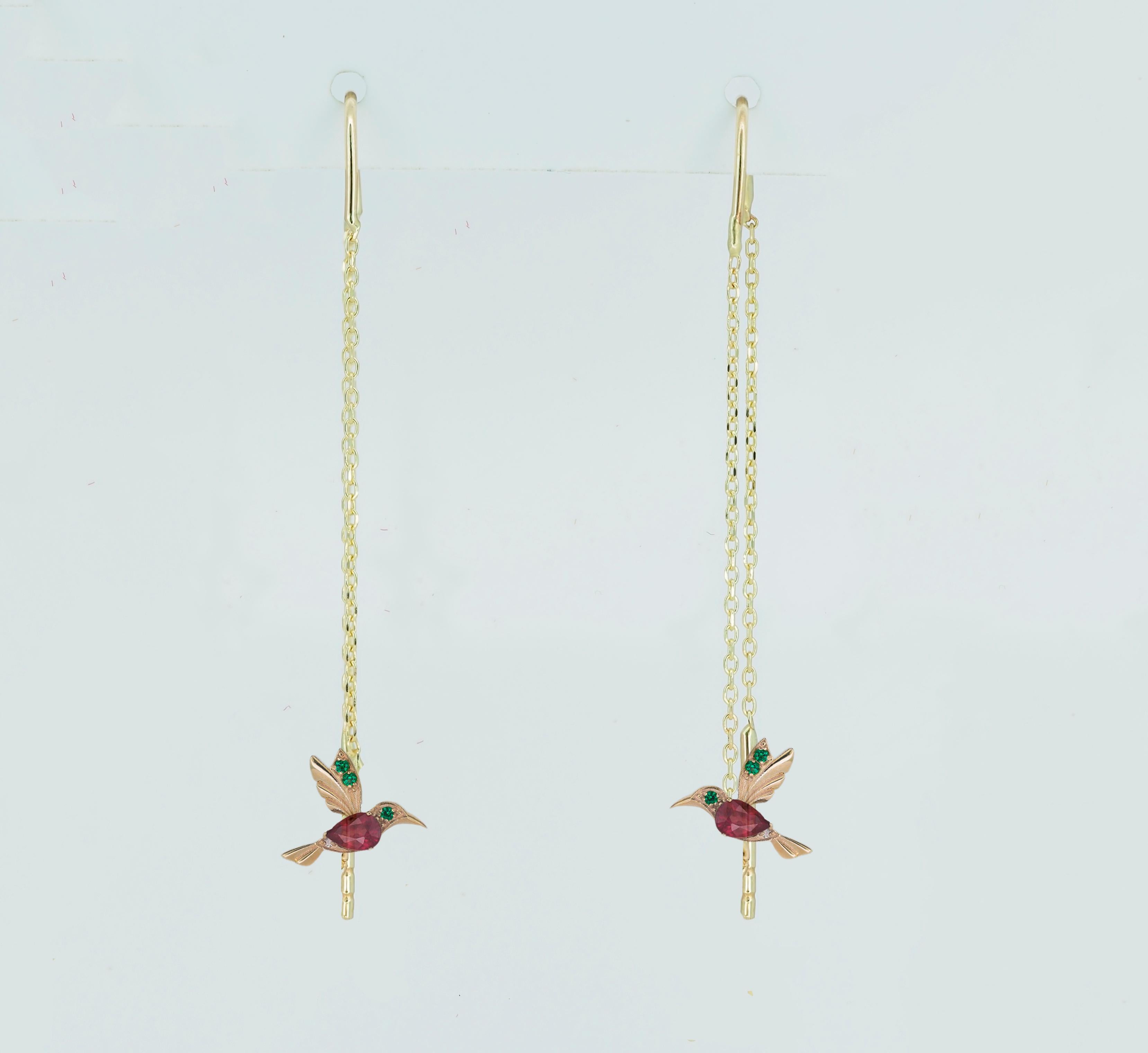 Hummingbird Threader earrings with rubies in 14k gold.  In New Condition For Sale In Istanbul, TR