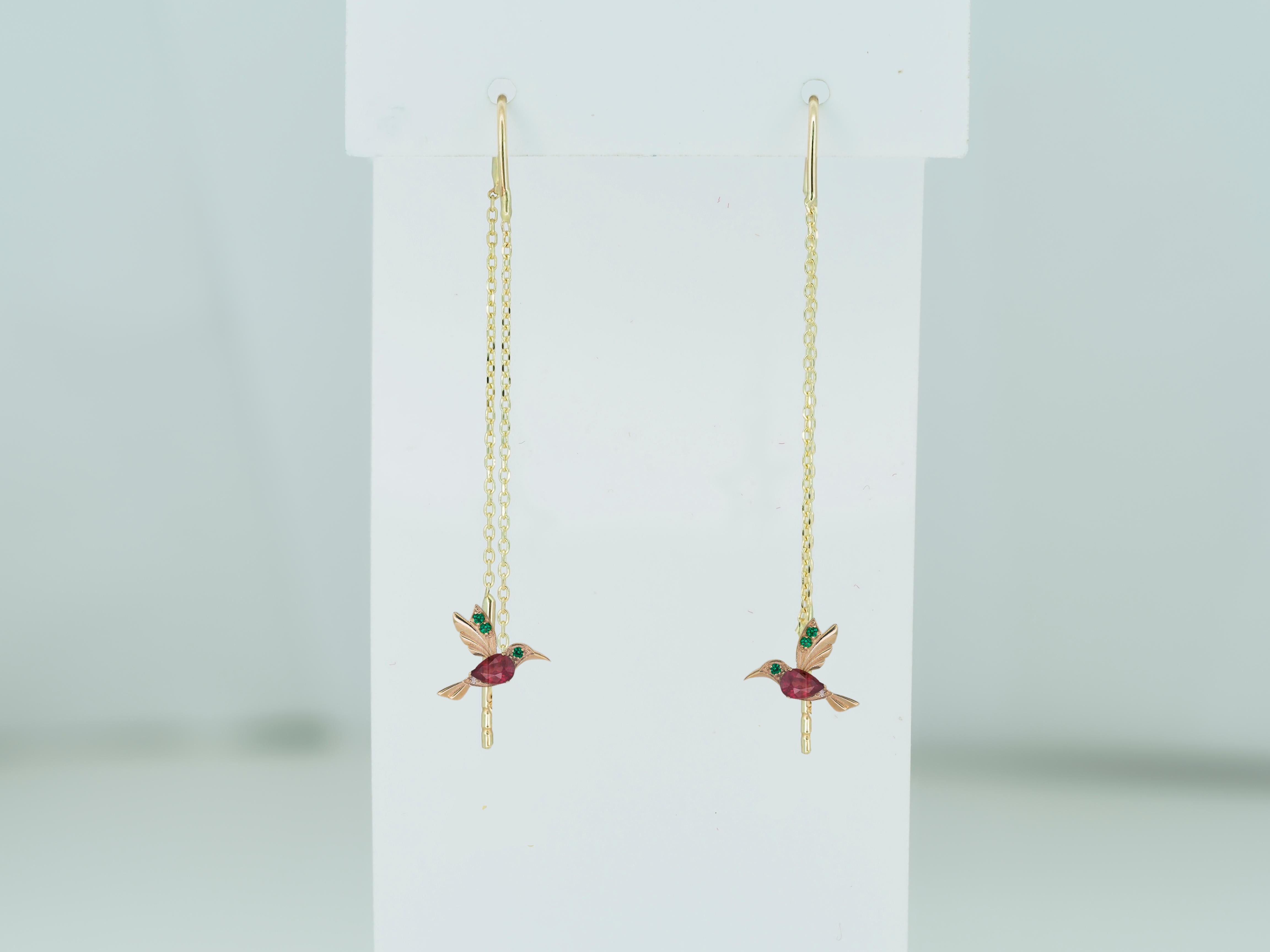Women's Hummingbird Threader earrings with rubies in 14k gold.  For Sale