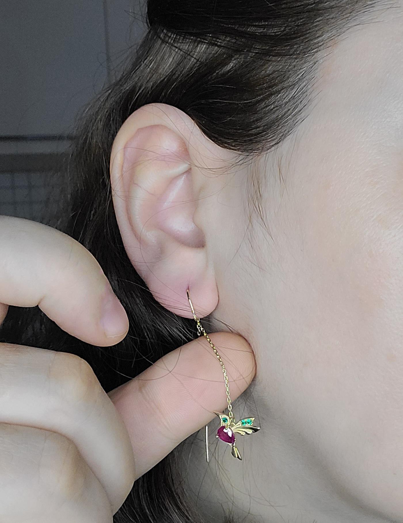 Pear Cut Hummingbird Threader Earrings with Rubies in 14k Gold For Sale