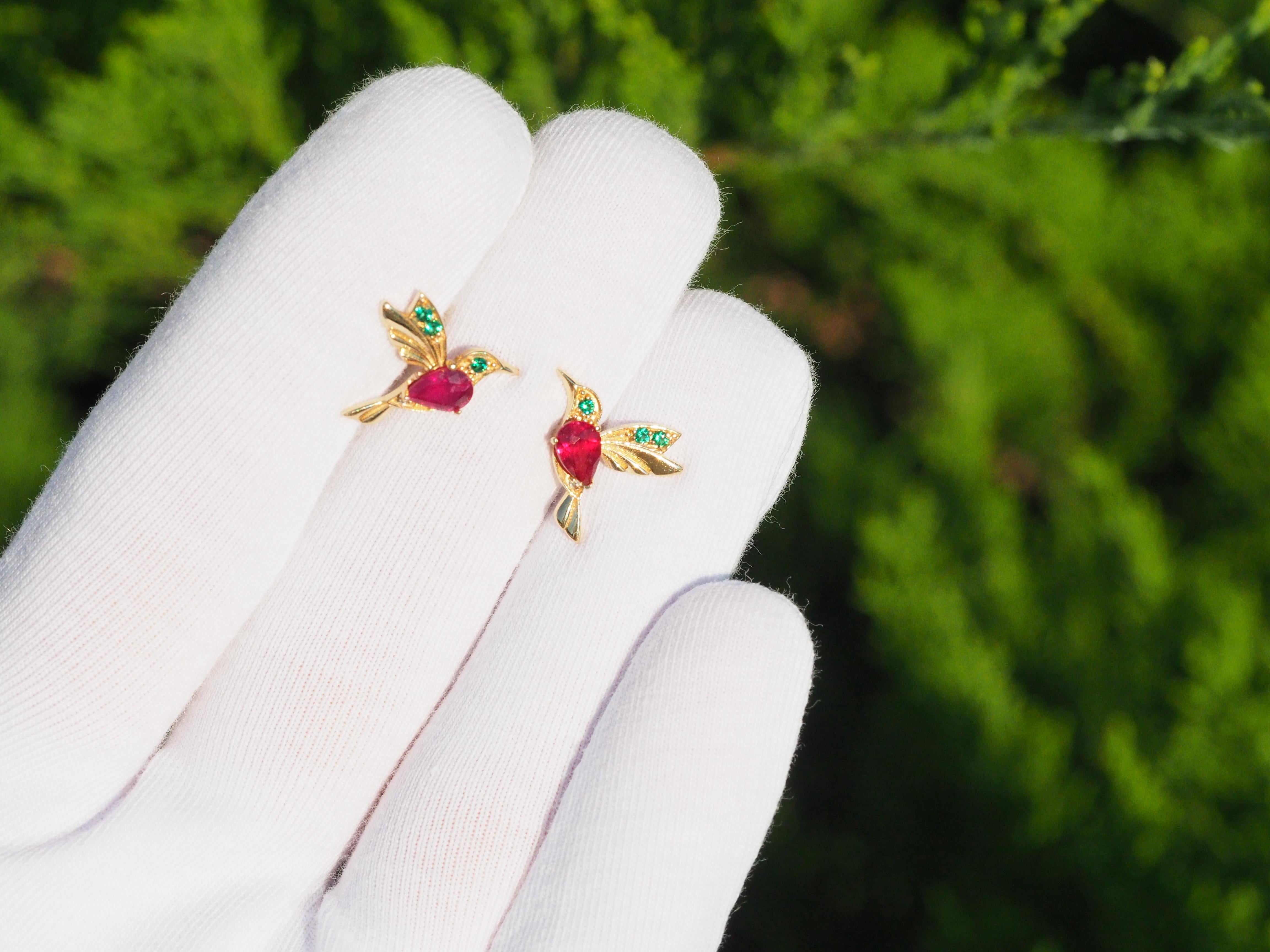 Hummingbird Threader earrings with rubies in 14k gold.  For Sale 1