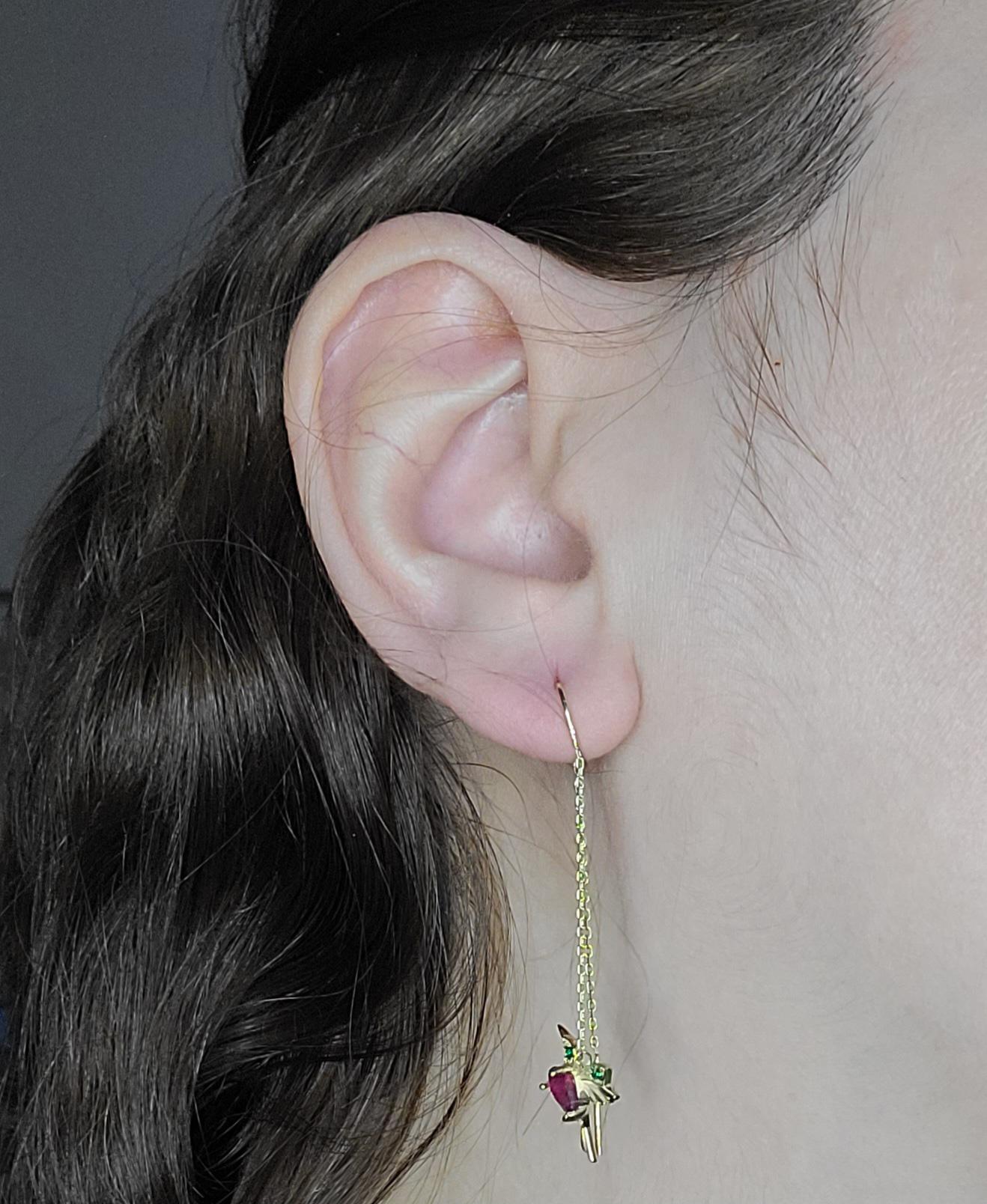 Women's Hummingbird Threader Earrings with Rubies in 14k Gold For Sale
