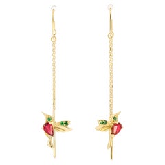 Hummingbird Threader Earrings with Rubies in 14k Gold