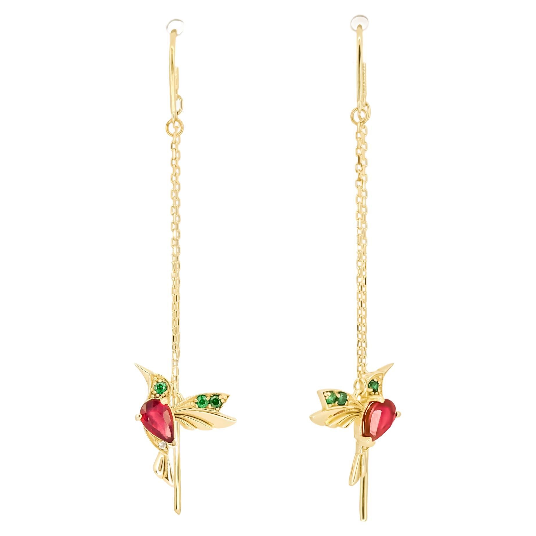 Hummingbird Threader Earrings with Rubies in 14k Gold! For Sale