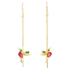 Hummingbird Threader Earrings with Rubies in 14k Gold!