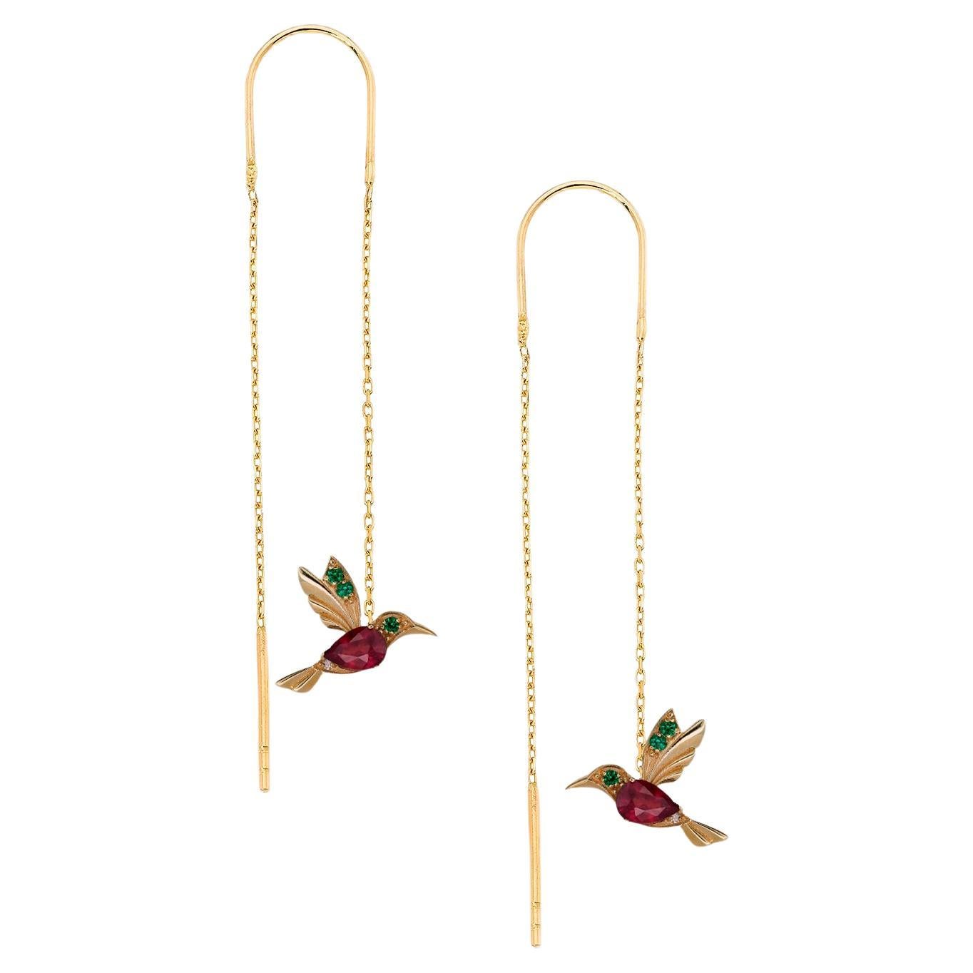 Hummingbird Threader earrings with rubies in 14k gold.  For Sale