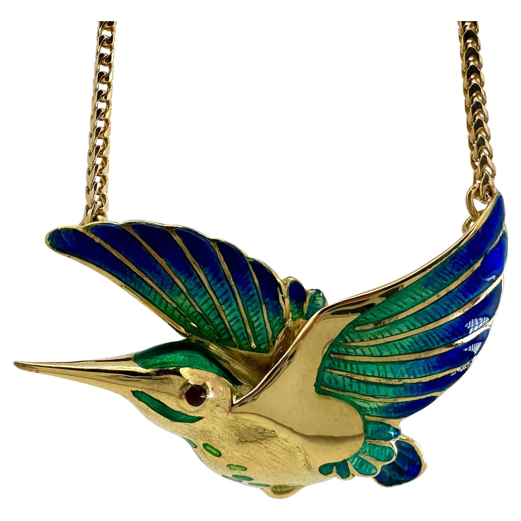 "Hummy" Necklace with 18k Gold Enamel Hummingbird on 14k Franco Link Chain