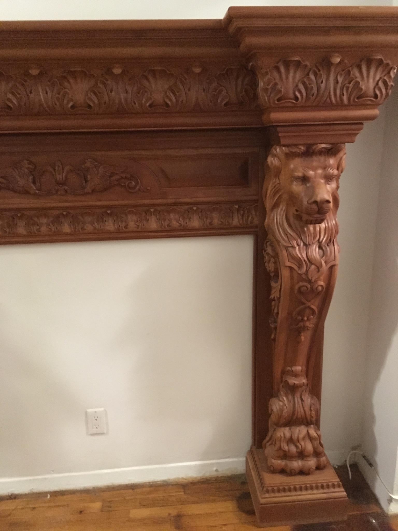 Humongous English Style Custom Carved Wood Lion Mantelpiece 3