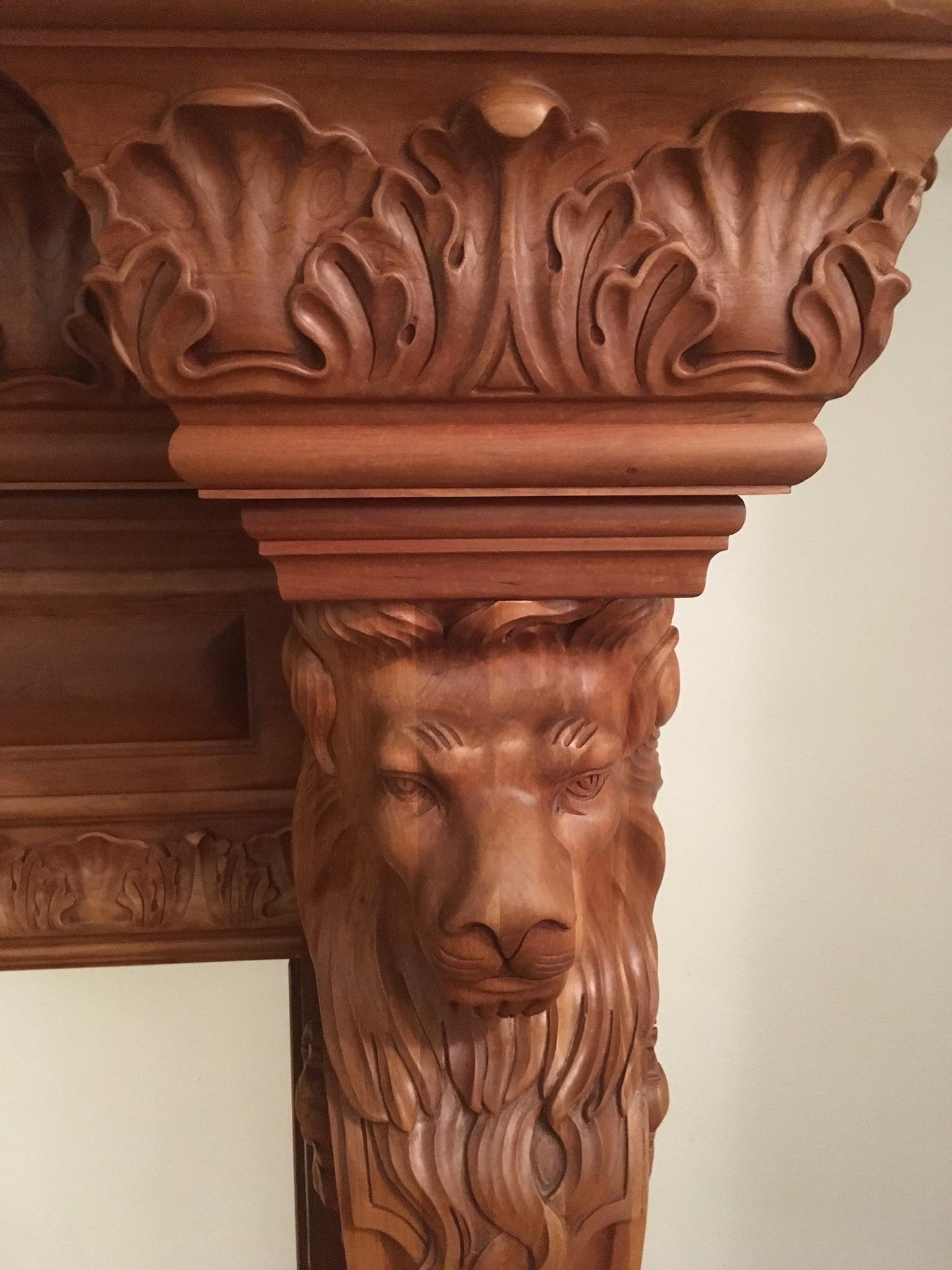 Humongous English Style Custom Carved Wood Lion Mantelpiece 4