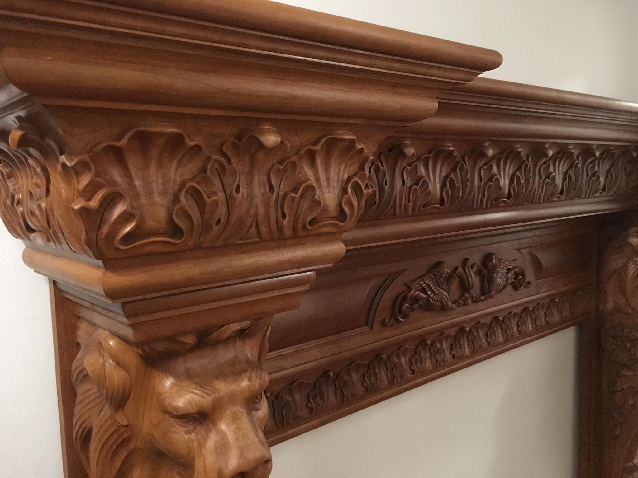 Humongous English Style Custom Carved Wood Lion Mantelpiece 5