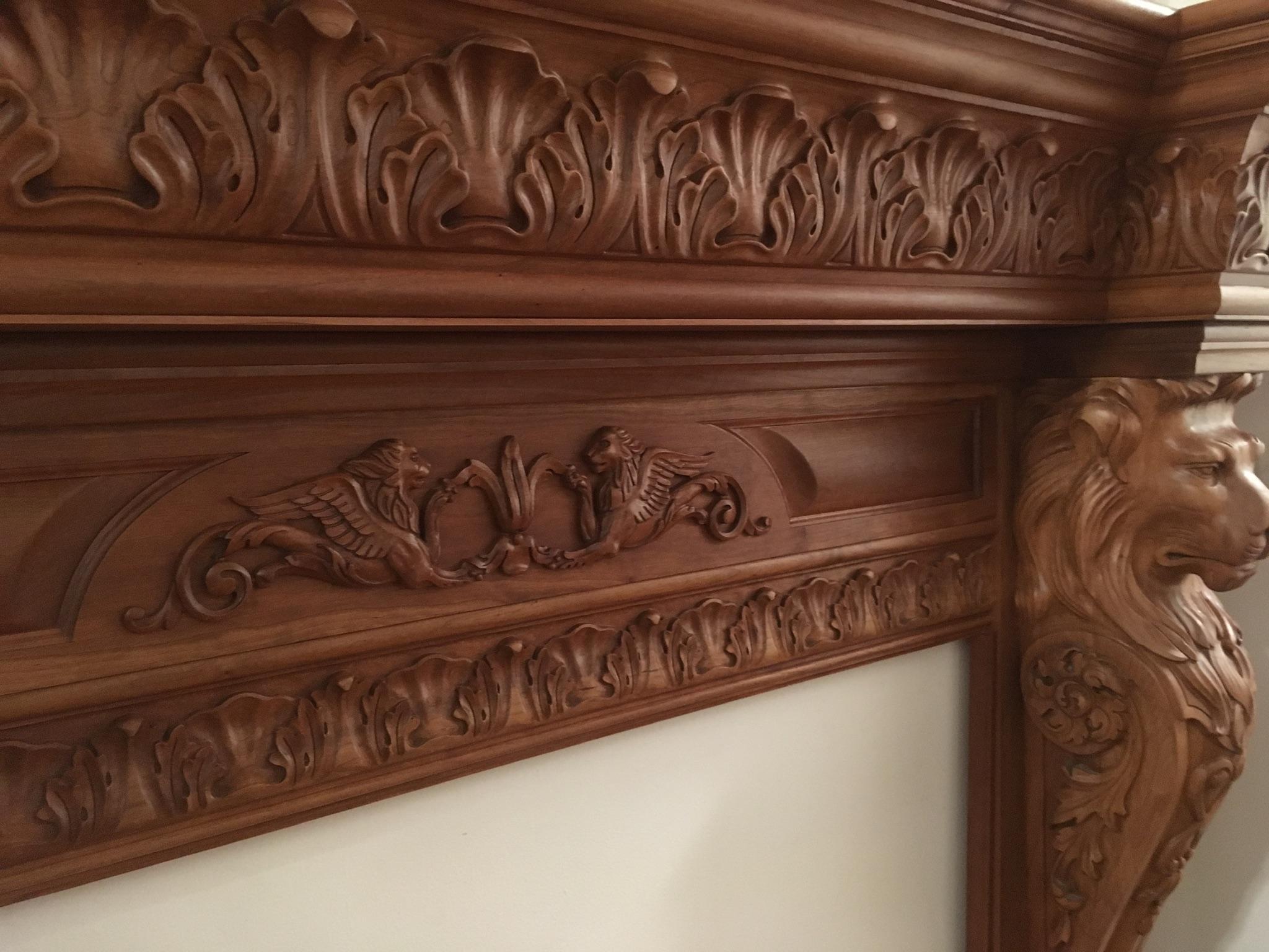 Humongous English Style Custom Carved Wood Lion Mantelpiece 6