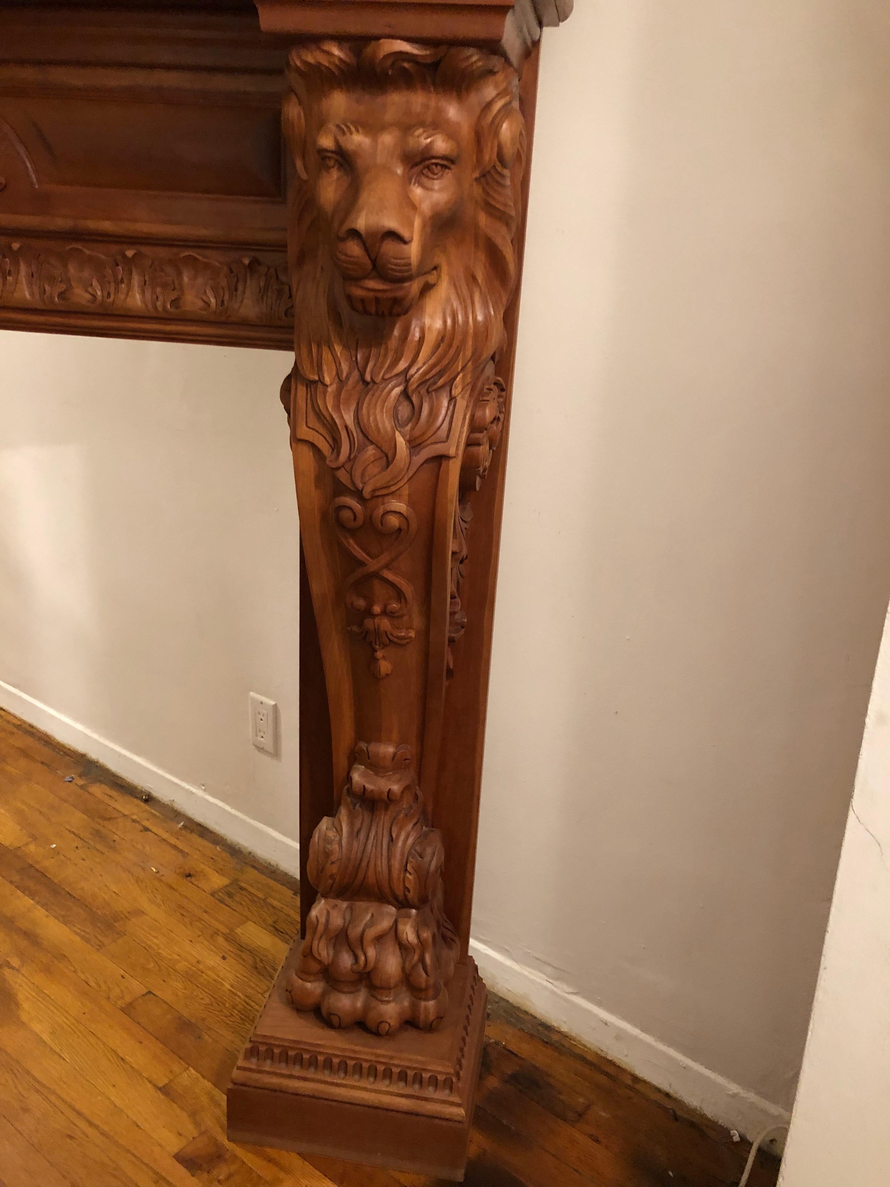 Contemporary Humongous English Style Custom Carved Wood Lion Mantelpiece