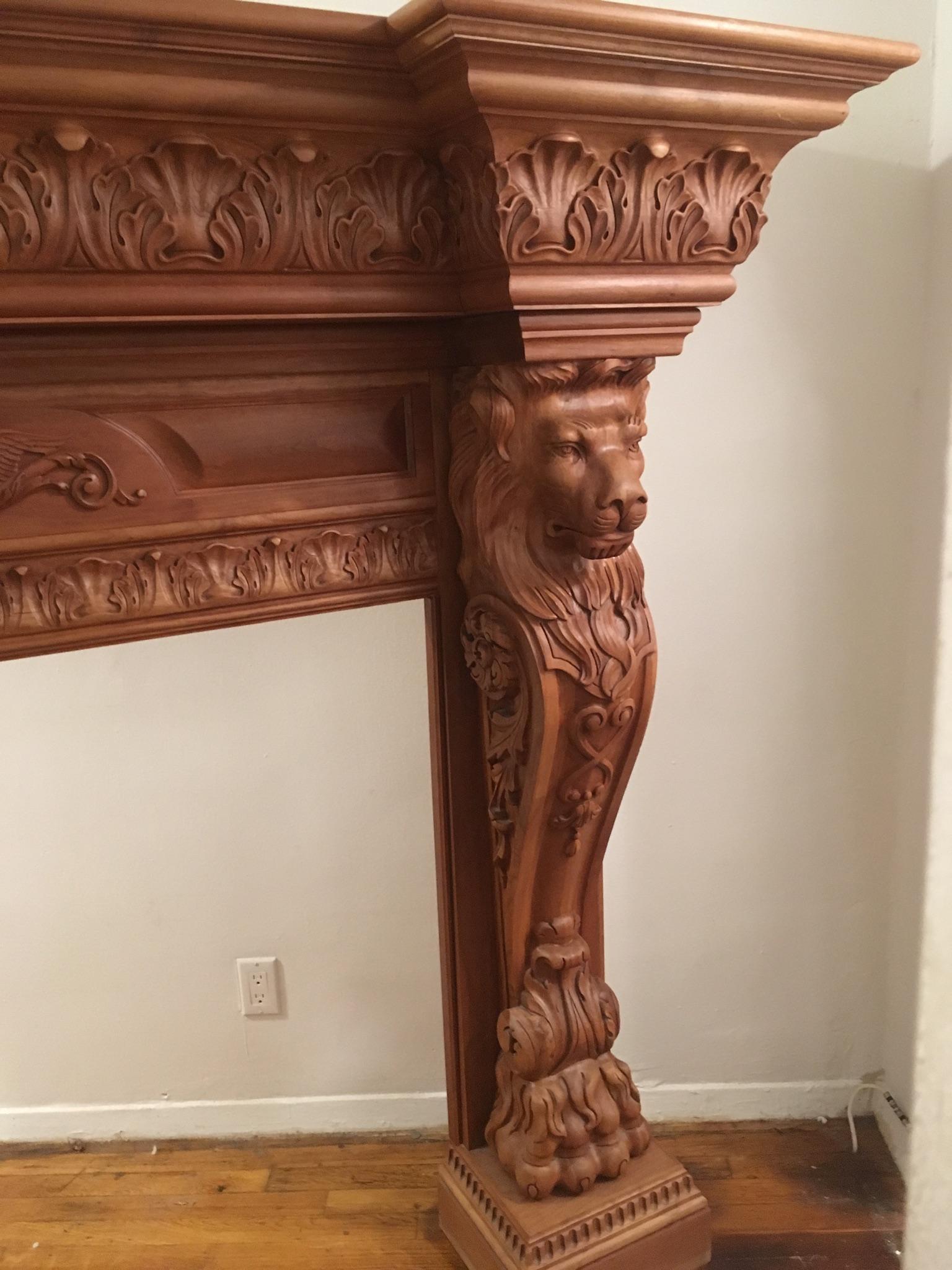 Humongous English Style Custom Carved Wood Lion Mantelpiece 1