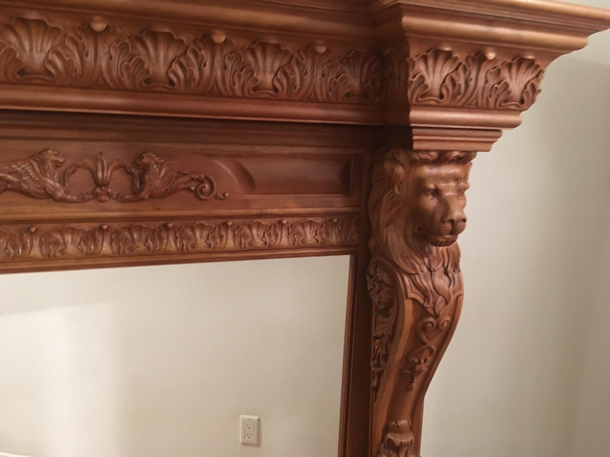 Humongous English Style Custom Carved Wood Lion Mantelpiece 2