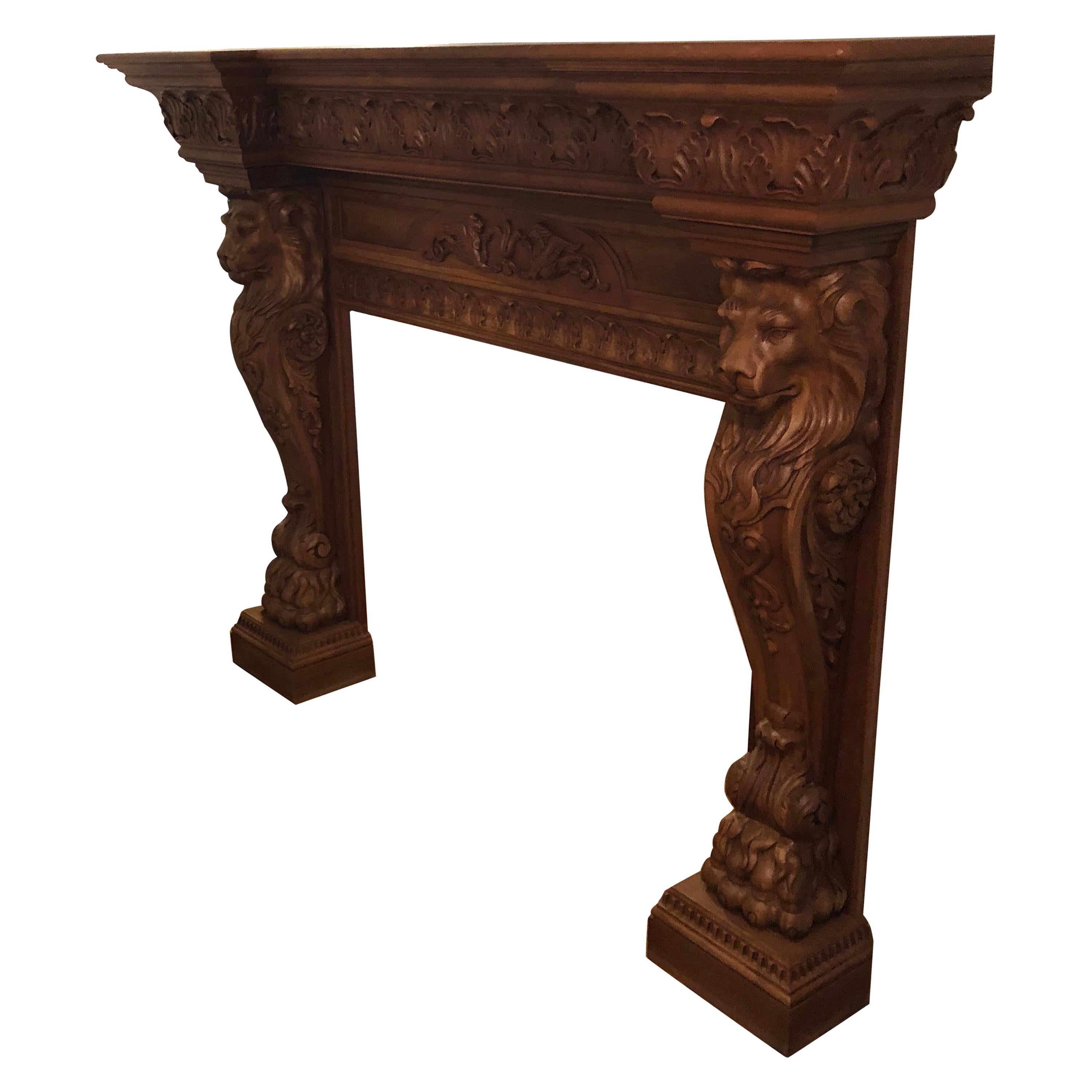 Humongous English Style Custom Carved Wood Lion Mantelpiece