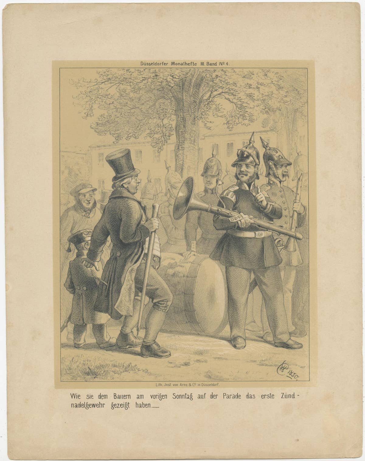 Humorous Antique Print of Musicians Showing Their 'Gun' to a Farmer