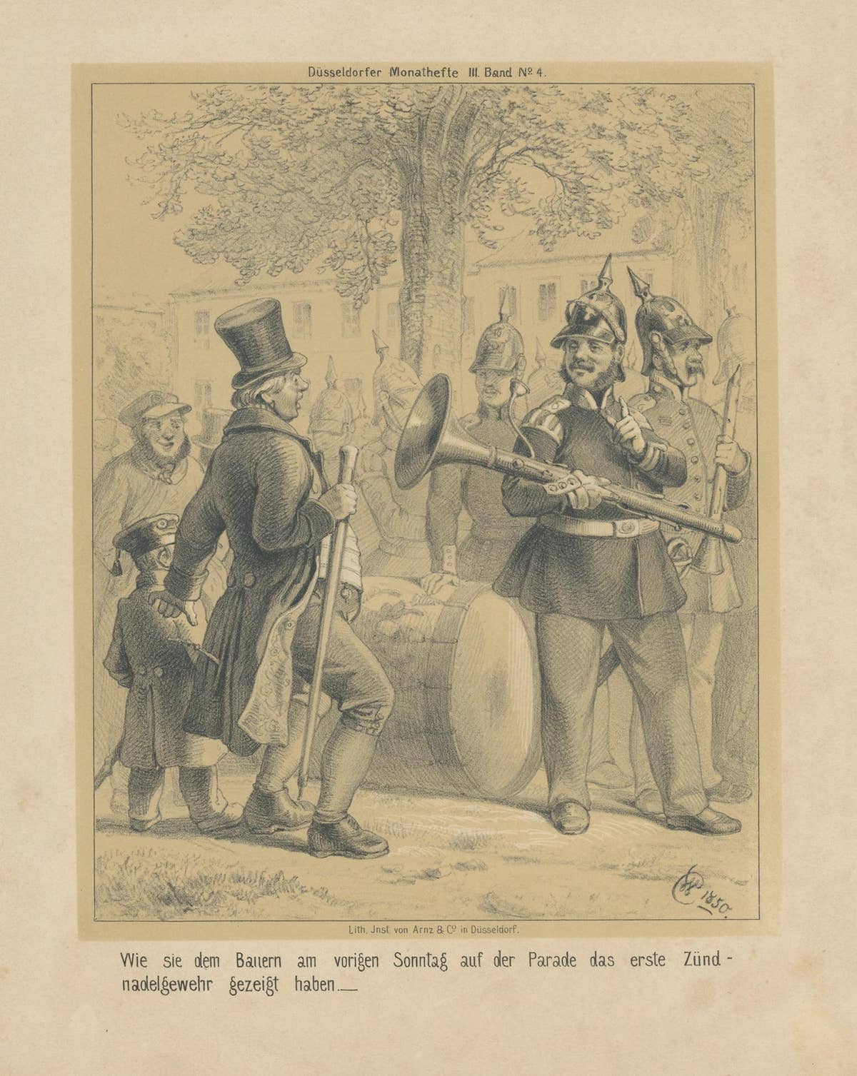 Humorous Antique Print of Musicians Showing Their 'Gun' to a Farmer