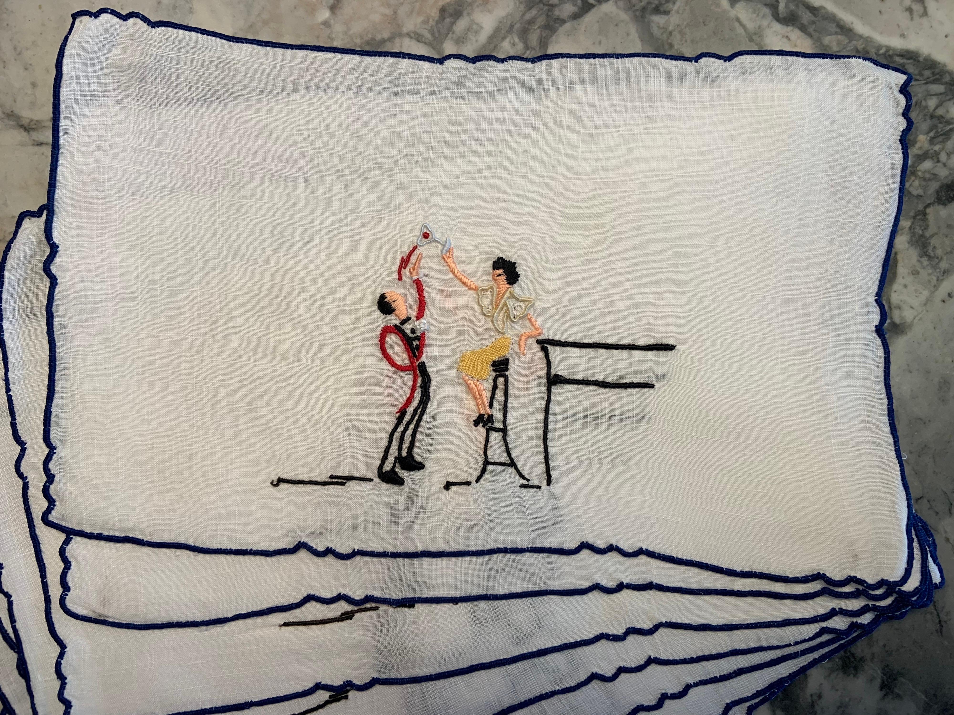 Don't you just wonder what this fellow said or did to deserve a drink poured on his head?   This set of very funny linen cocktail napkins are edged in navy blue with an embroidered and appliqued couple in the center.  She is perched on a bar stool