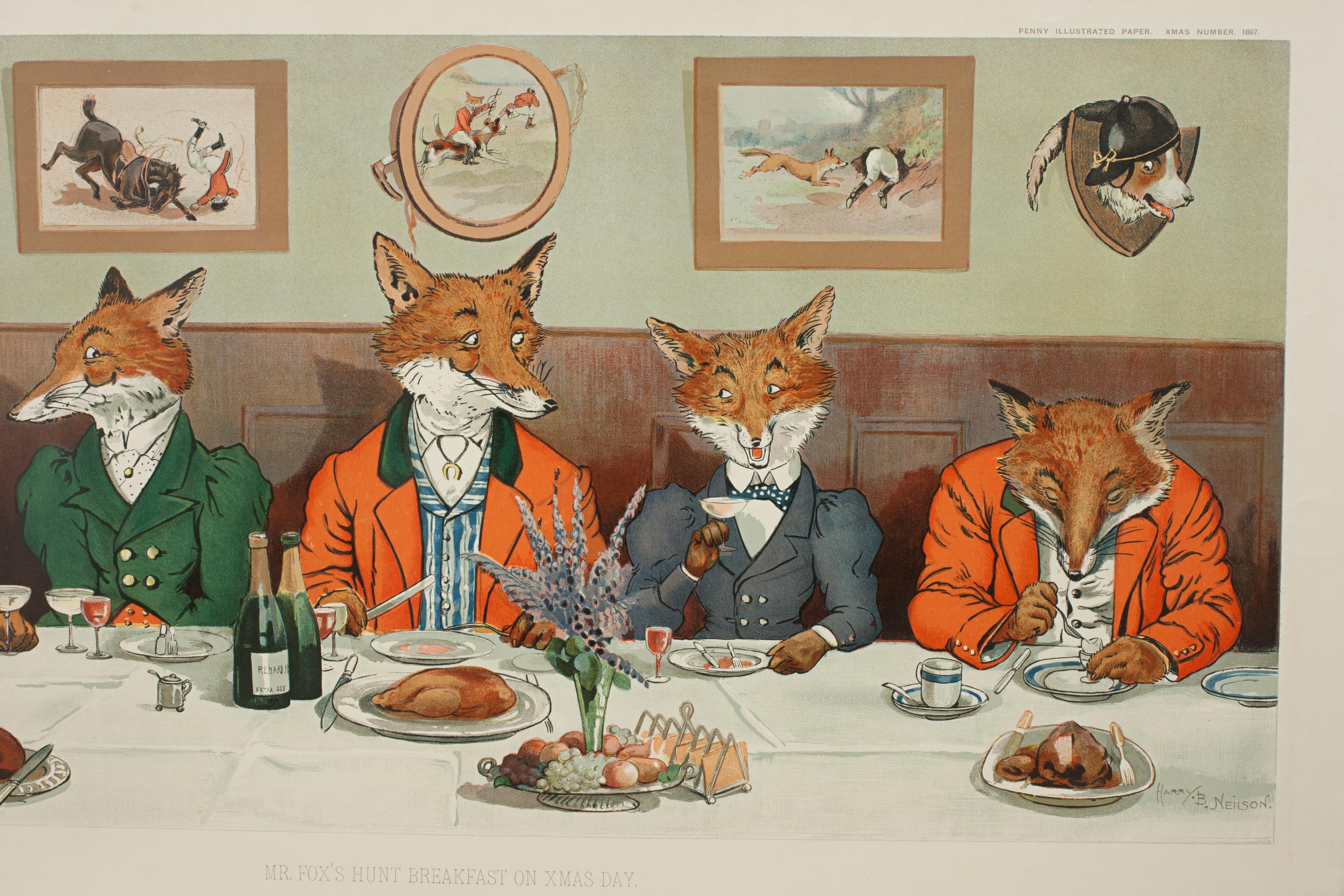 Humorous Fox Hunting Print, Mr. Fox's Hunt Breakfast on Xmas Day In Good Condition In Oxfordshire, GB