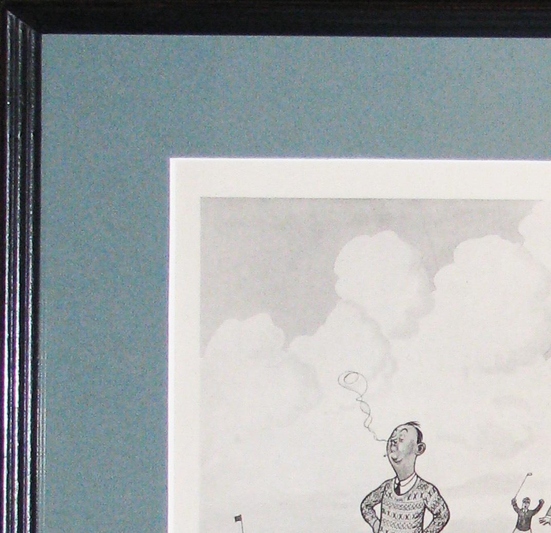 'The Divotee, or Practice makes Perfect'
A cartoon of a golfer leaning on his golf club and smoking a cigarette, surrounded by divots and with a group of irate golfers in the background.
A humorous golf print by H M Bateman presented in a bespoke