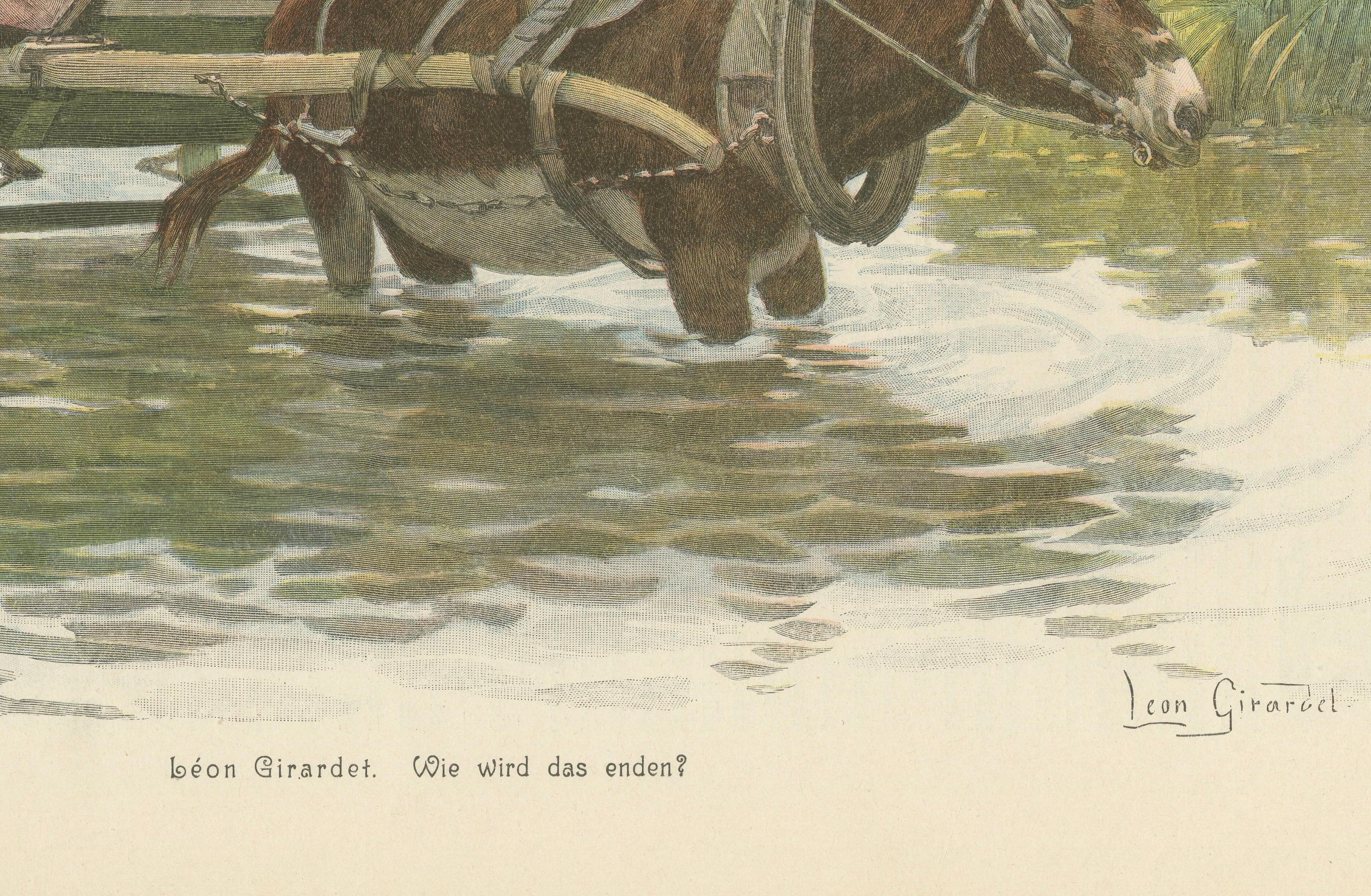 Humorous Scene of Two Ladies in a Donkey Cart – “Wie wird das enden?” by Léon Girardet, c. 1890

Description:
This charming color lithograph, titled “Wie wird das enden?” (How will this end?), was created by the French-Swiss artist Léon Girardet