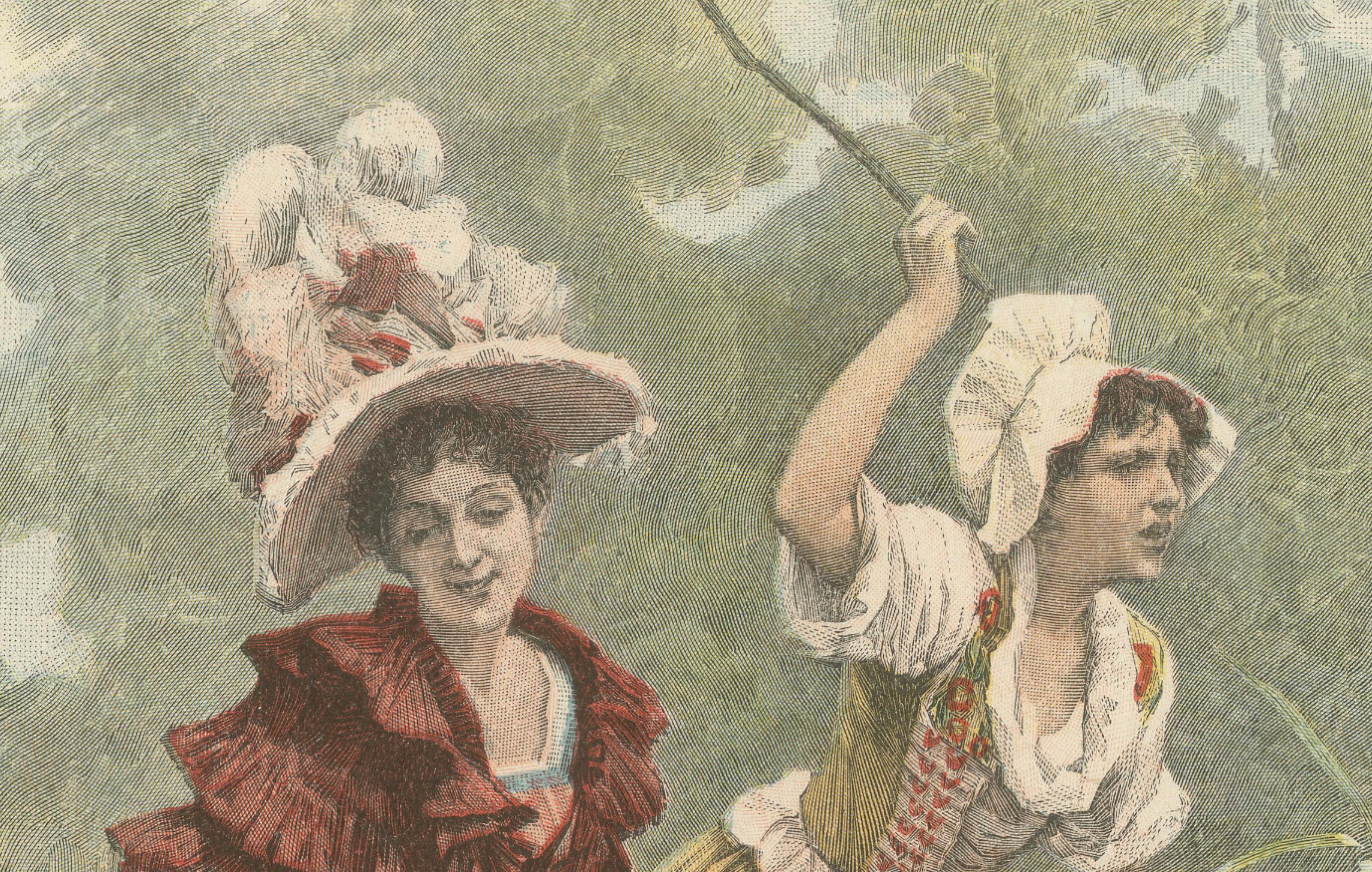 Humorous Lithograph of Two Ladies in Donkey Cart by Léon Girardet, c. 1890 In Good Condition For Sale In Langweer, NL