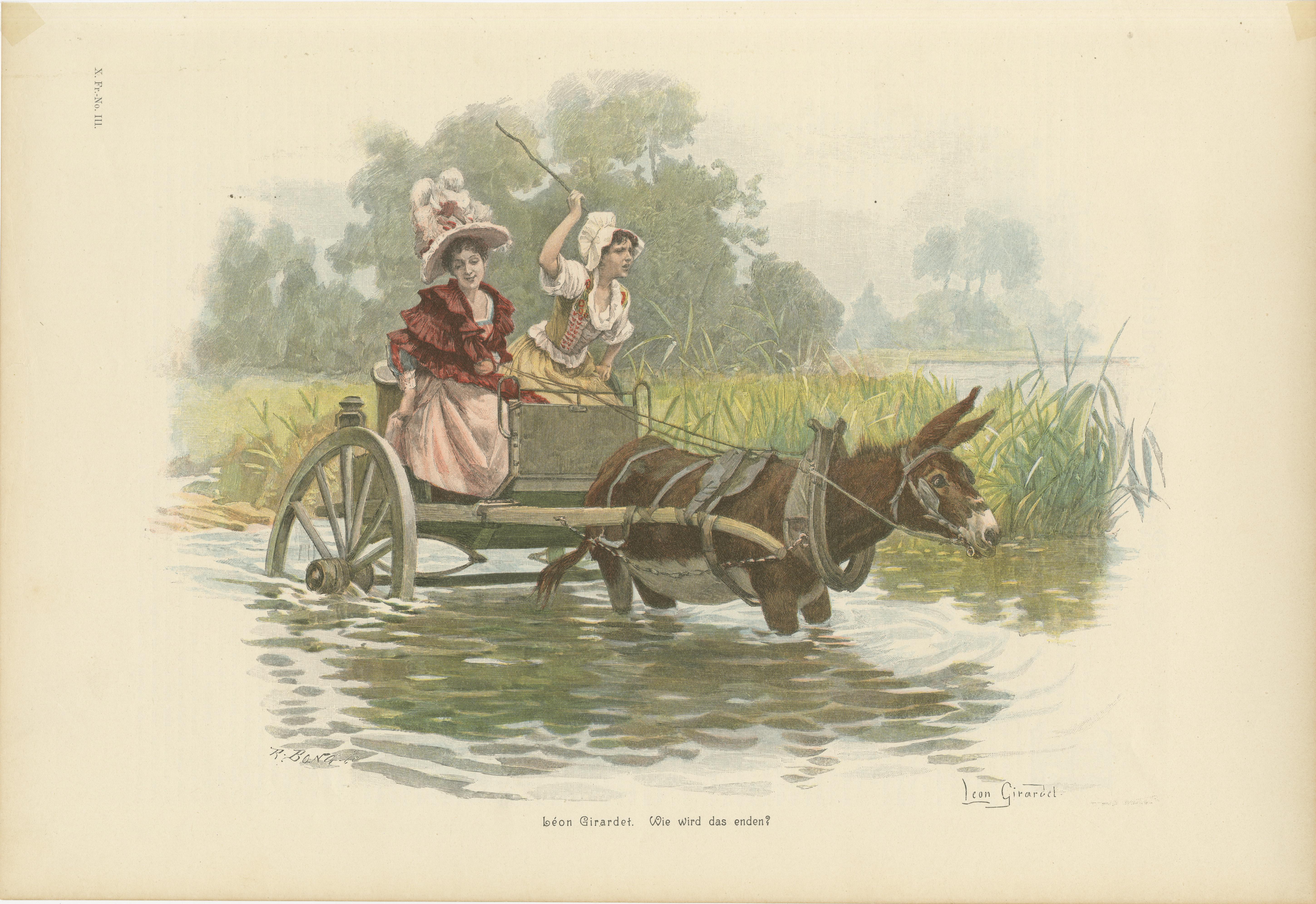 Humorous Lithograph of Two Ladies in Donkey Cart by Léon Girardet, c. 1890 For Sale 1