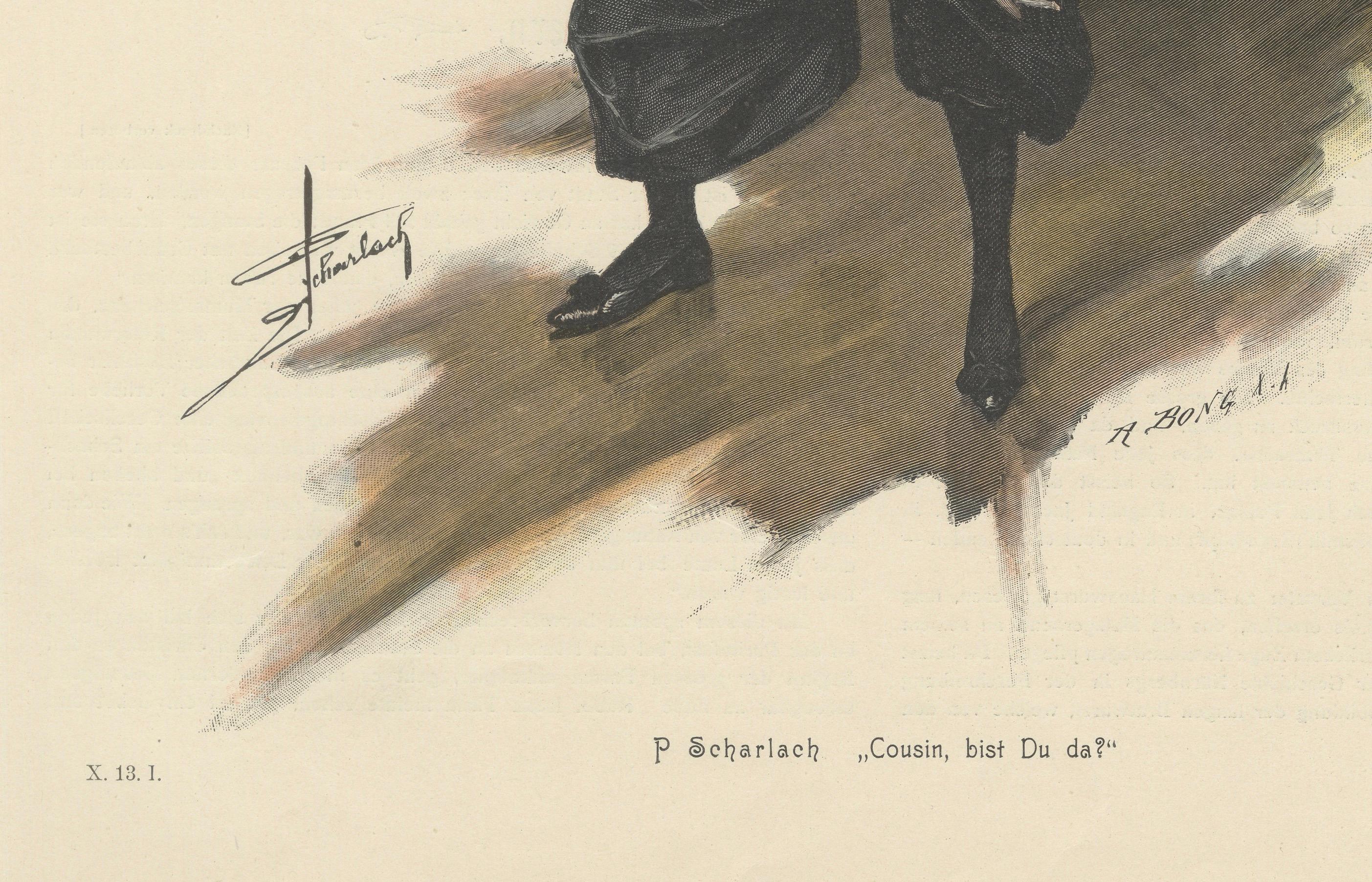 Humorvolles Porträt einer Frau in schwarzem Kleid mit skurrilen Töpfen, um 1900

Dieses faszinierende Kunstwerk zeigt eine Frau in übertriebener, fast theatralischer Pose, gekleidet in ein auffälliges schwarzes Ensemble. Das Porträt, das in einem