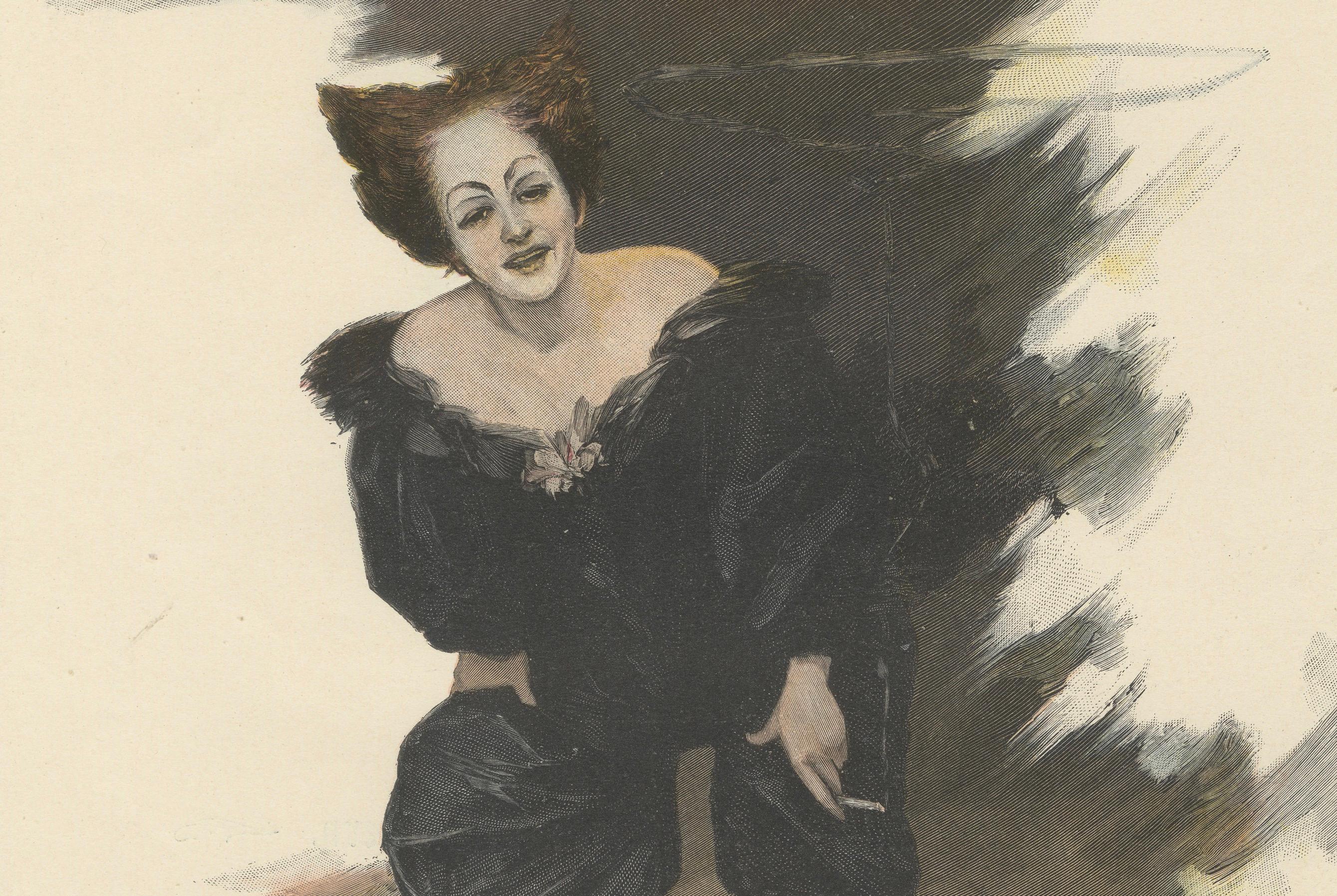Humorvolles Porträt einer Frau in schwarzem Kleid mit skurrilen Töpfen, um 1900 im Zustand „Gut“ im Angebot in Langweer, NL