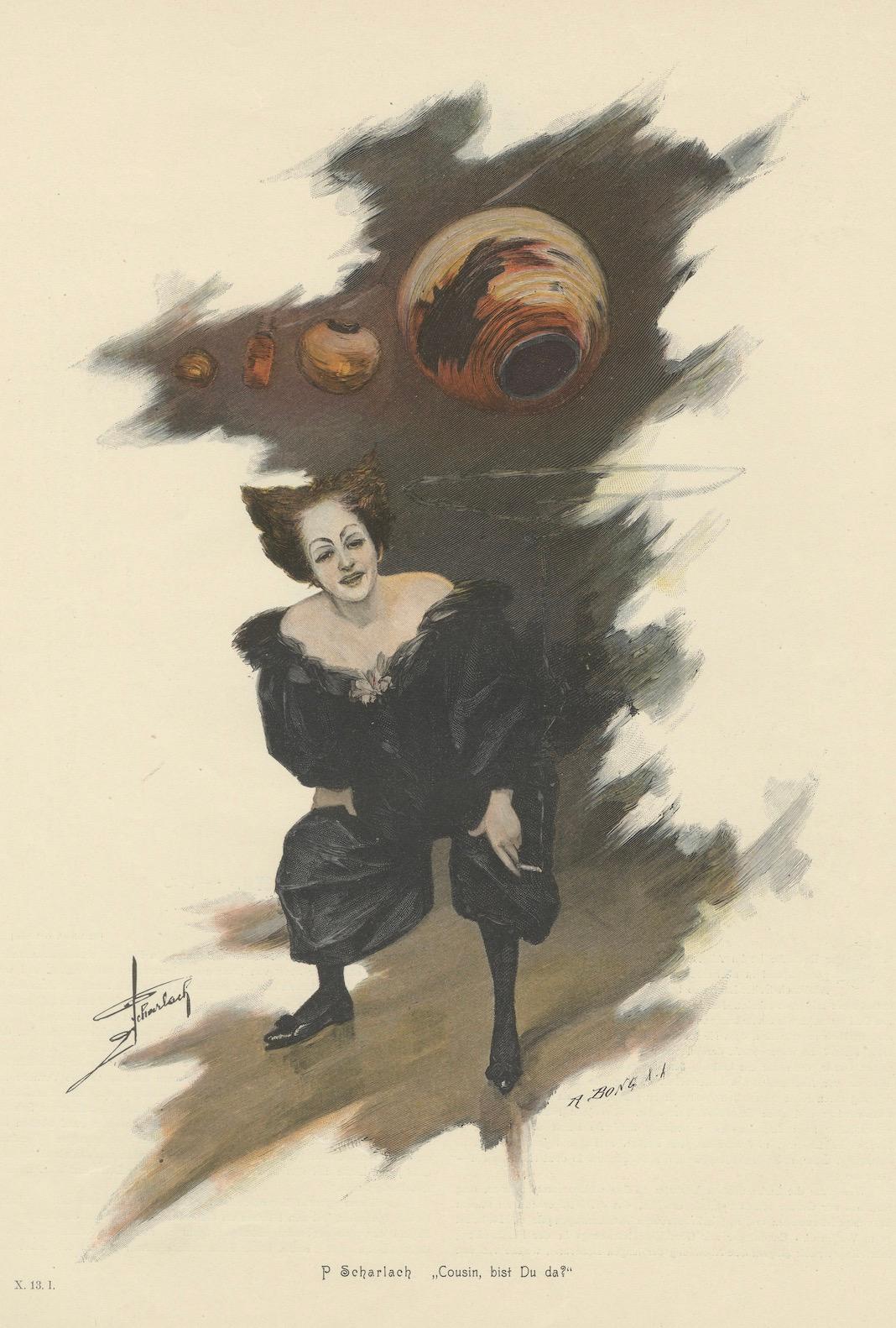 Humorvolles Porträt einer Frau in schwarzem Kleid mit skurrilen Töpfen, um 1900 (Frühes 20. Jahrhundert) im Angebot